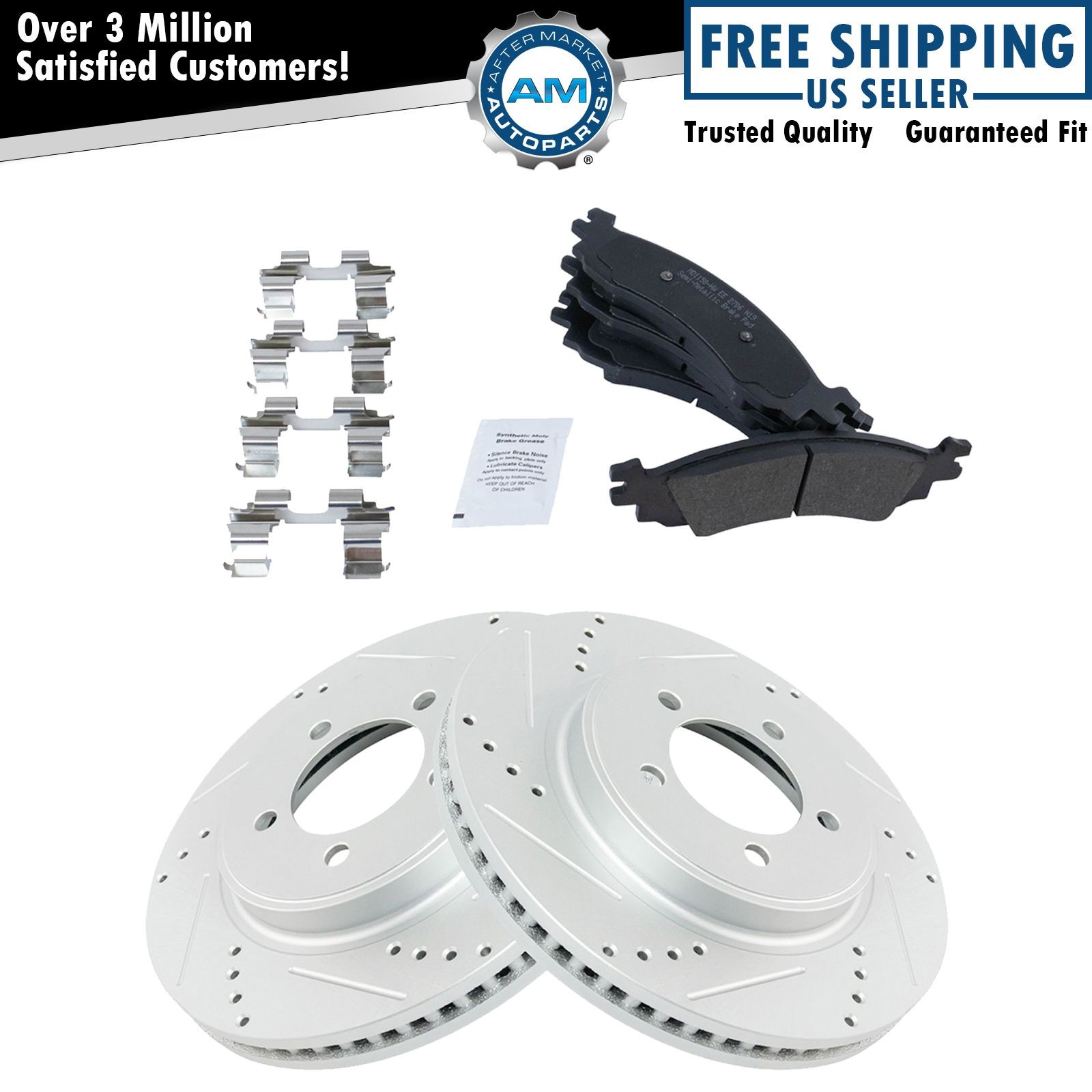 Front Metallic Brake Pad & Performance Drilled Slotted Coated Rotor New