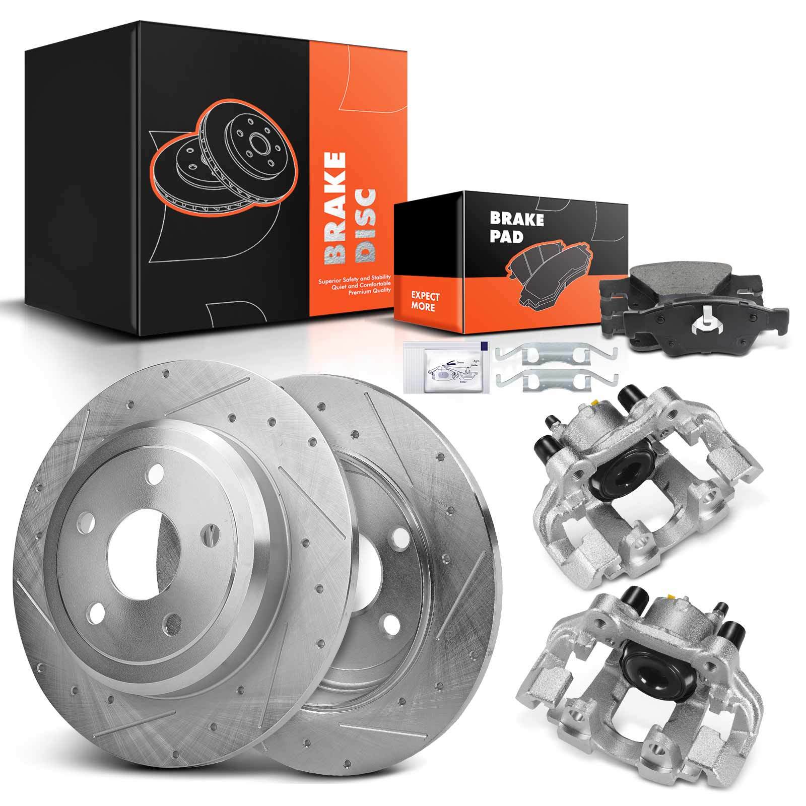 New Drilled Brake Rotor & Pad + Brake Caliper for Jeep Grand Cherokee Dodge Rear