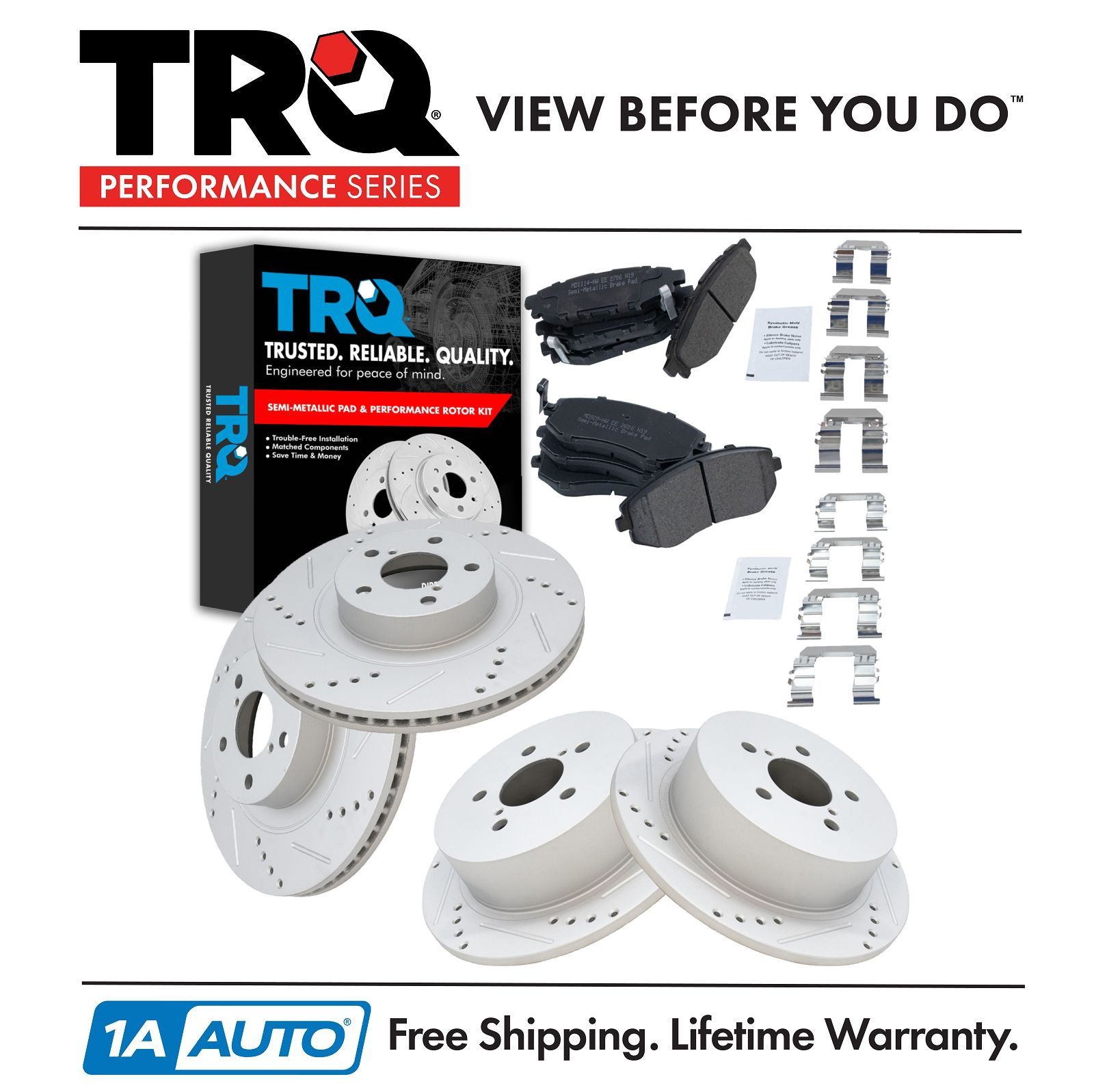 TRQ Front Rear Metallic Brake Pad & Performance Drilled Slotted Rotor Kit