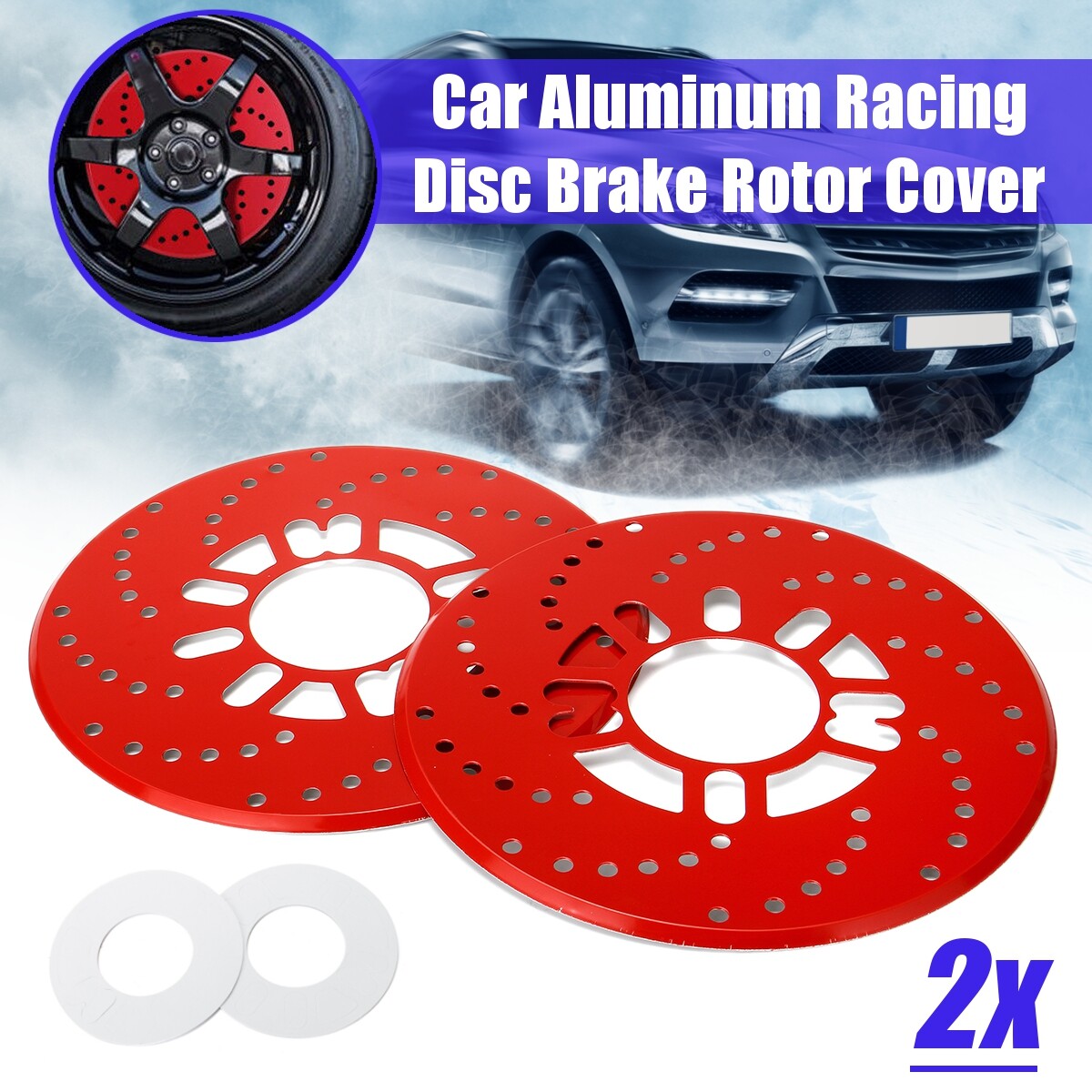 2X Red Aluminium Disc Brake Cover Car SUV Wheel Decorative Rotor Cross Drilled