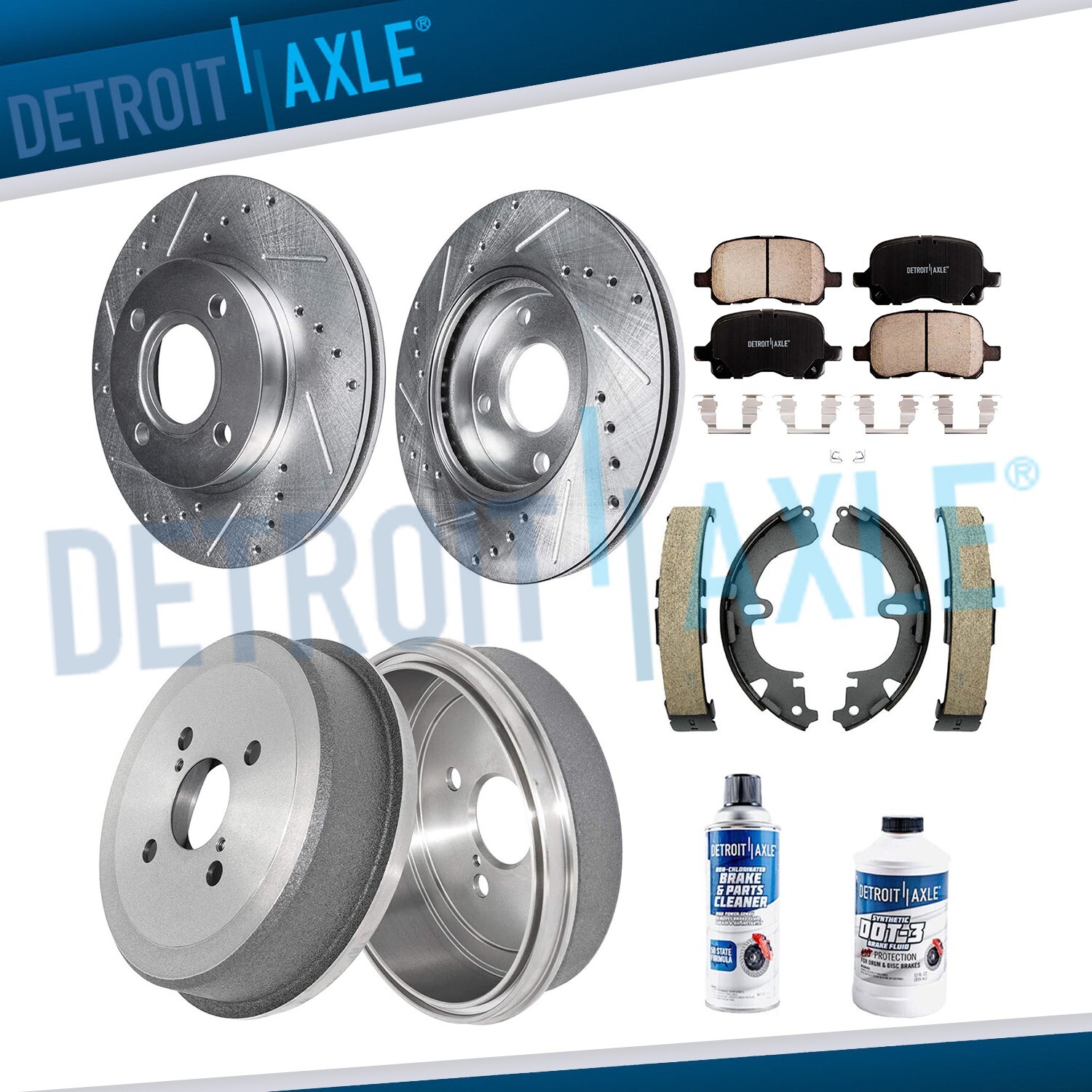 Front Drilled Rotor & Pad + Rear Drums & Shoes for 1998-2002 Corolla Chevy Prizm