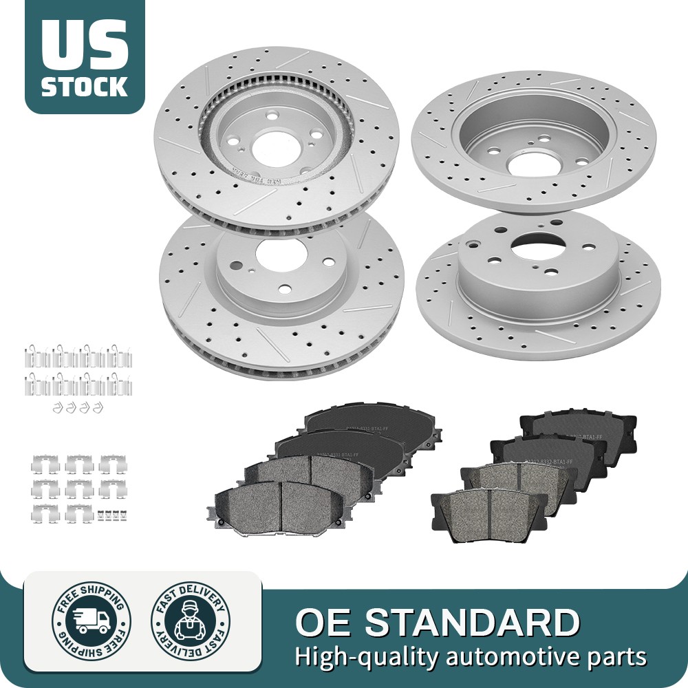 11.65” Front & 11.06” Rear Drilled Rotors Brake Pads for 2006-2018 Toyota Rav4