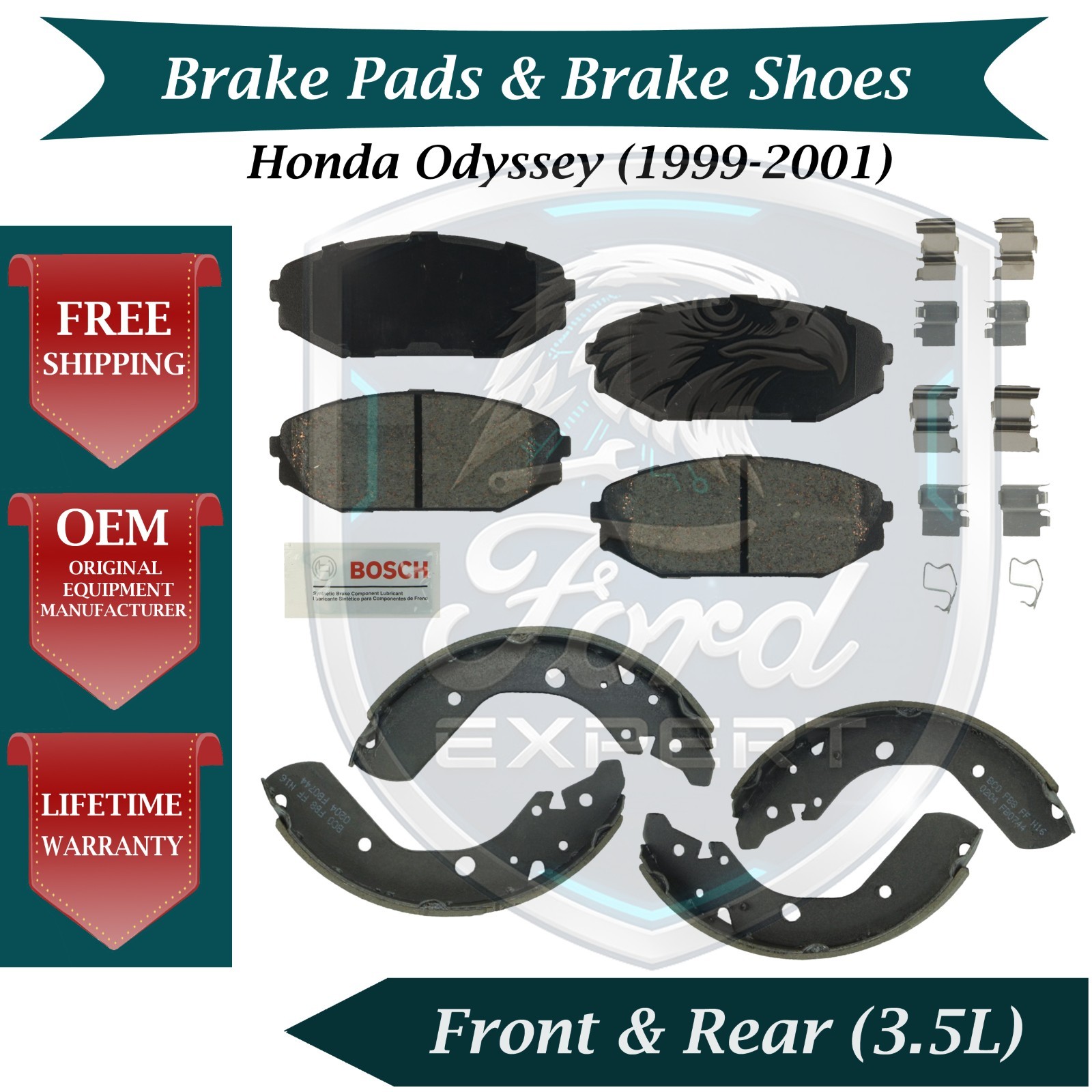 BOSCH OEM Front Pads & Rear Shoes For 1999-2001 Honda Odyssey Lifetime Warranty