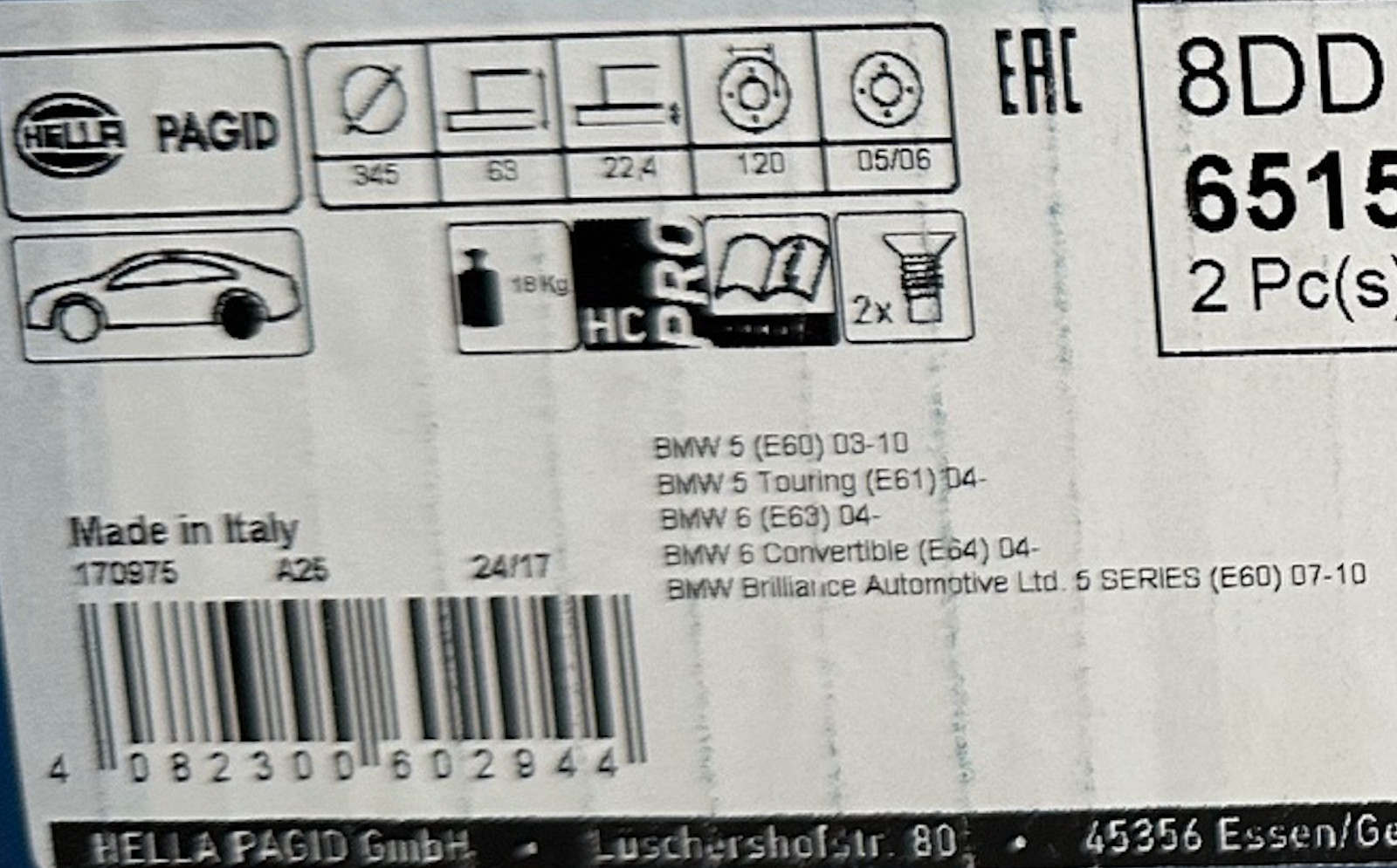 BMW TWO Disc Brake Rotors Hella-PAGID 355123231 (NIB sold in pair-Made in Italy)