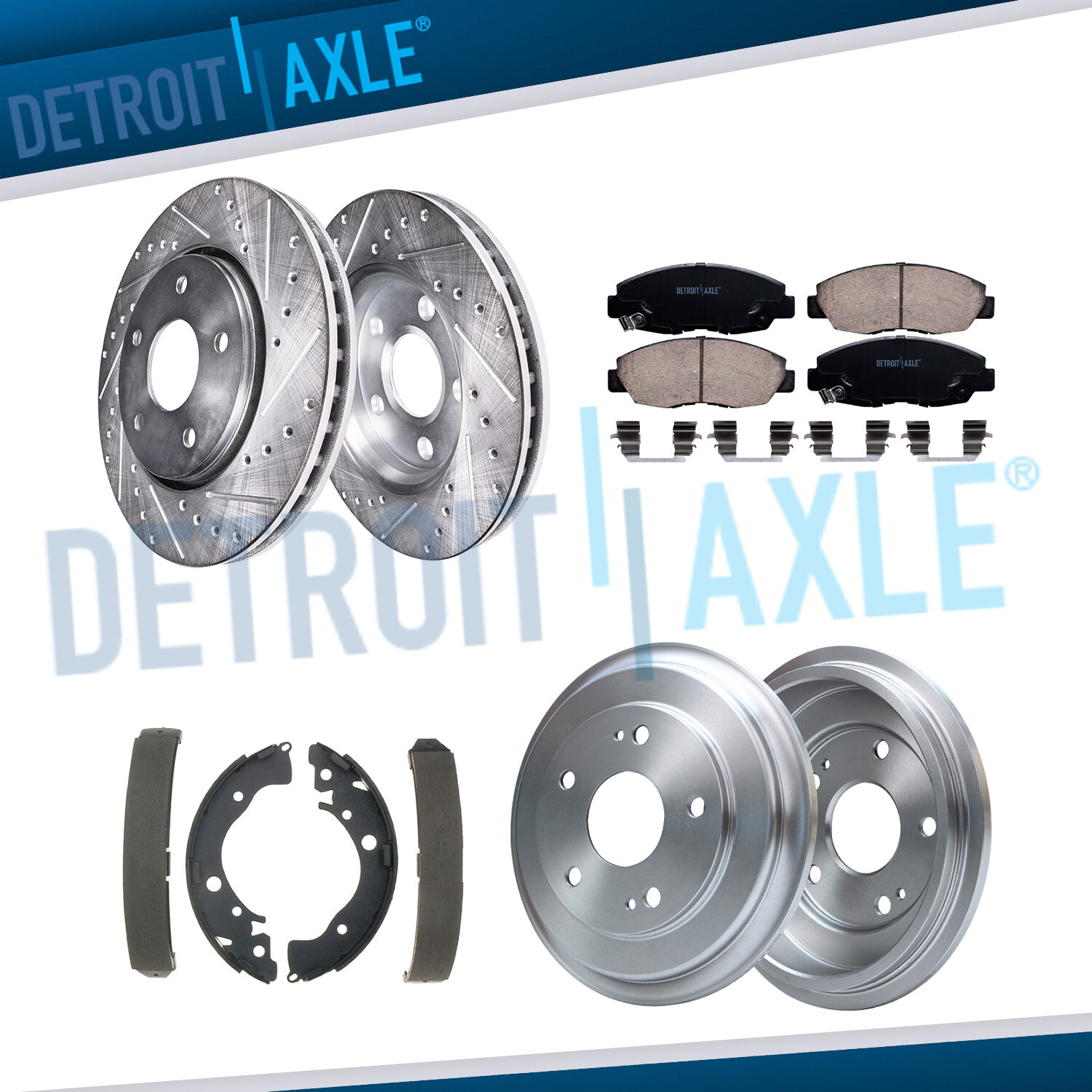 Front Drilled Rotors Brake Pads Rear Drum Shoes Kit for 2006 – 2011 Honda Civic