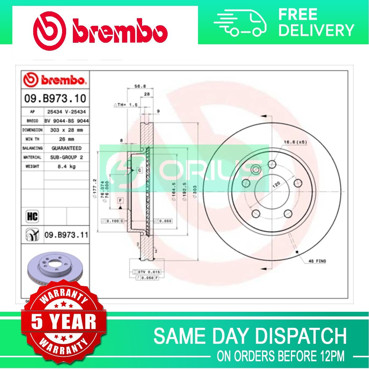 Fits VW Amarok 2010- 2.0 TDi 3.0 Brake Disc Front Brembo #1 2H0615301A