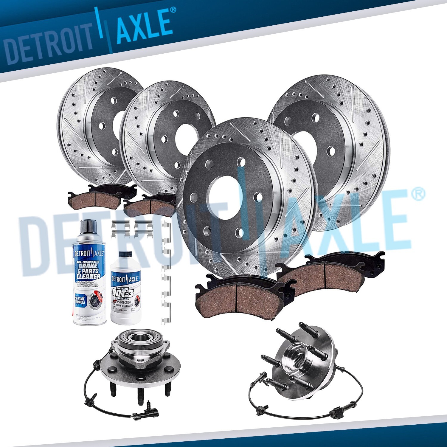 4WD Front & Rear Drilled Rotors Brake Pads Wheel Hub Bearings for Express 1500