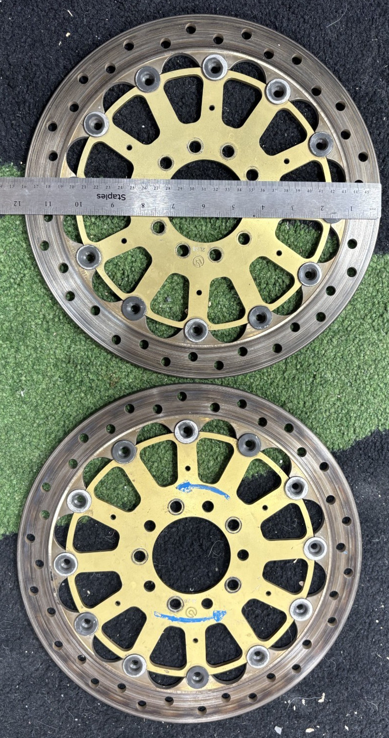 2 BREMBO 12 INCH RACING ROTORS, WITH FLAT GOLD ANODIZED FLAT CARRIERS