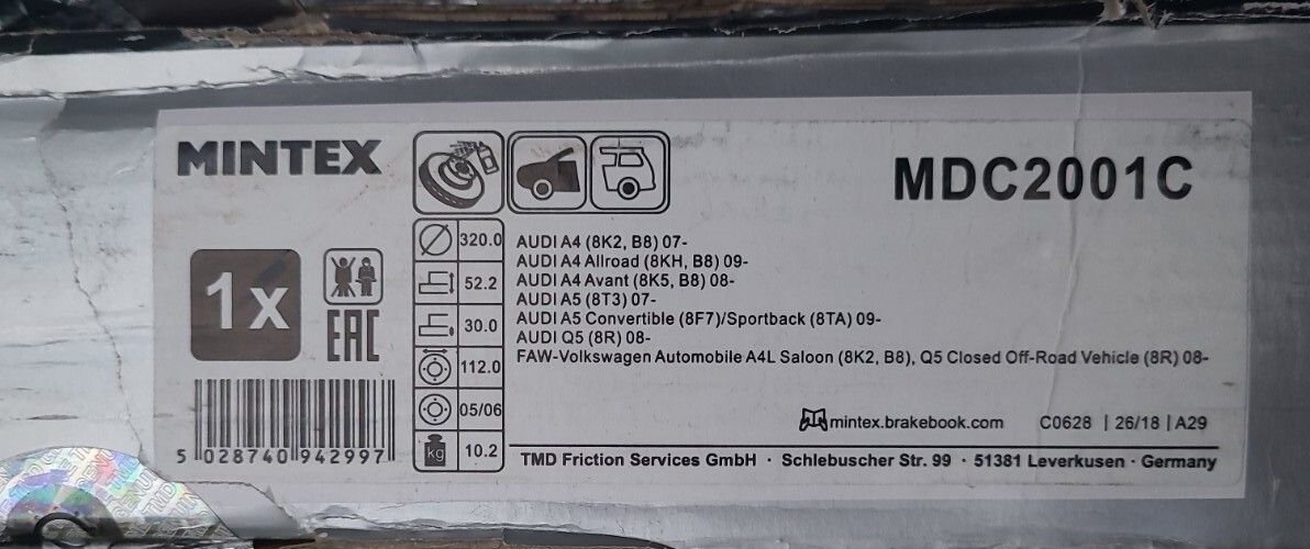 MINTEX MDC2001C SINGLE BRAKE DISC FRONT
