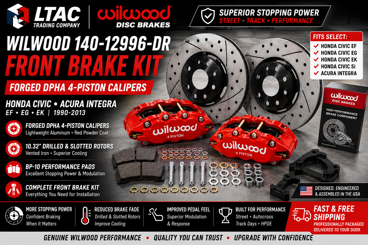 WILWOOD 140-12996-DR Front Brake Kit Honda Civic EF EG EK Acura Integra Red