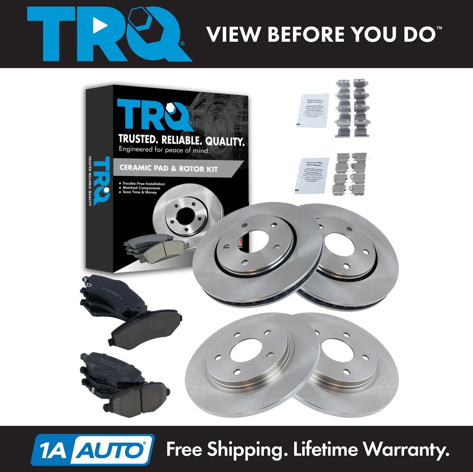 TRQ Front & Rear Posi Ceramic Disc Brake Pad & Rotor Kit for Chrysler Dodge Ram