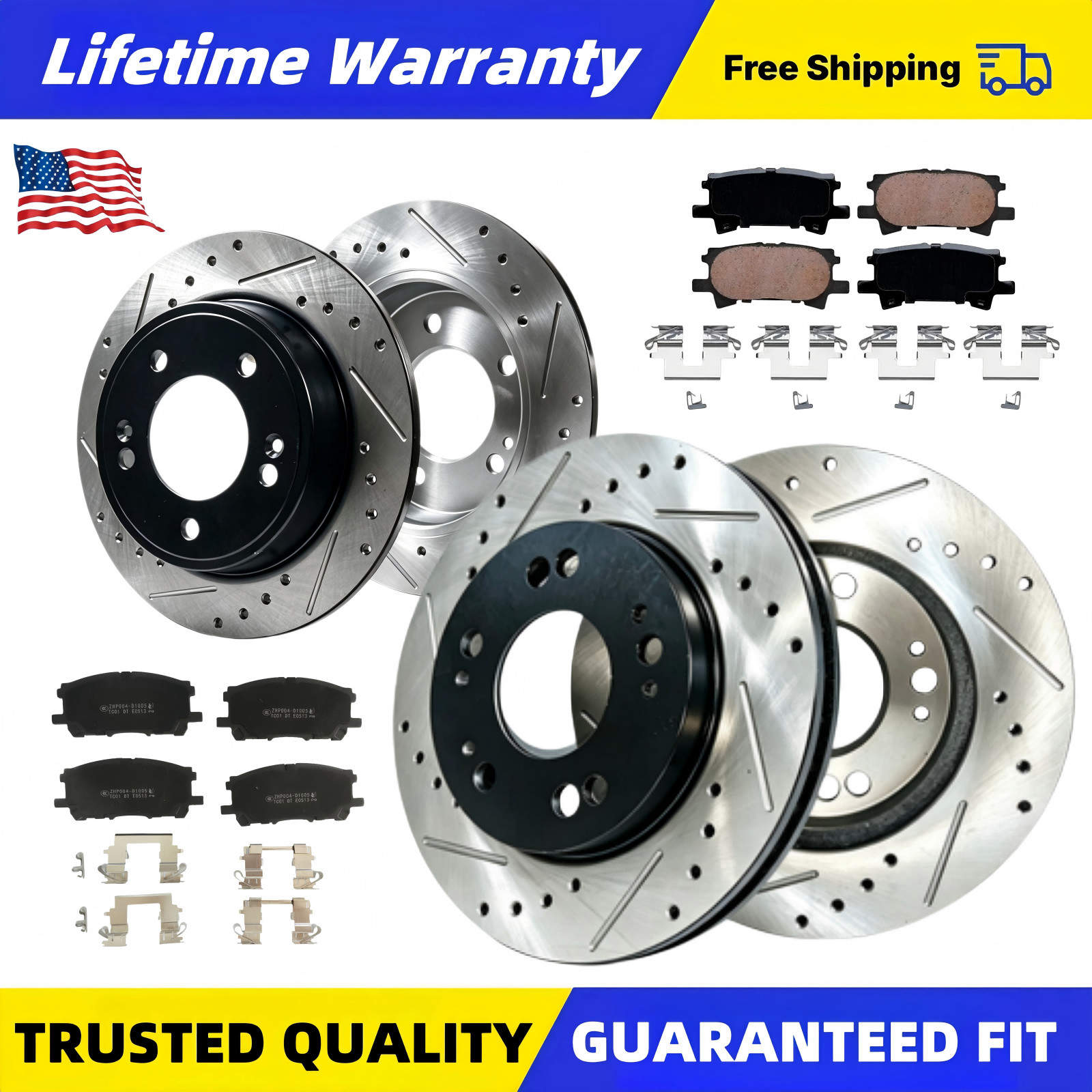 Front Rear Drilled Slotted Rotors Brake Pads for Toyota Highlander 2006 2007