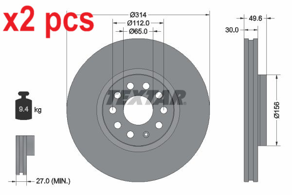 X2 PCS L&R SIDES FRONT FITS SEAT ALHAMBRA 1.4 TSI BRAKE DISC 92232405 TEXTAR