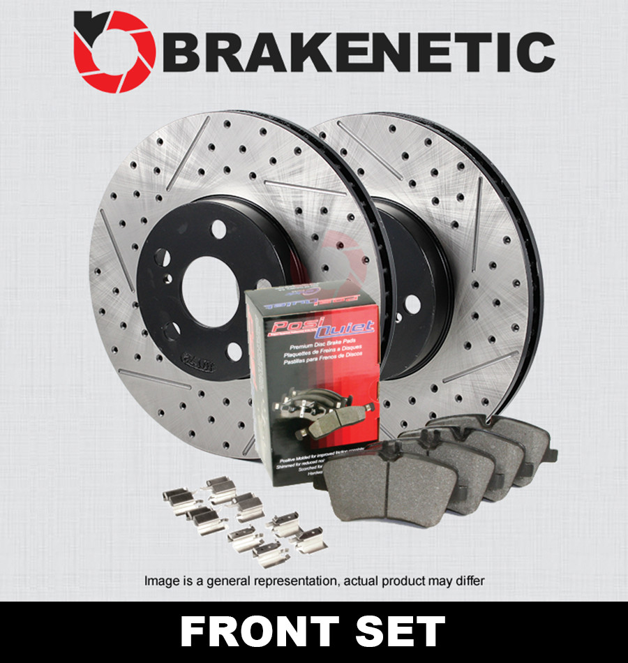 FRONT BRAKENETIC Premium Drill Slot Brake Rotors + Ceramic Pads +Sensor BPK93502