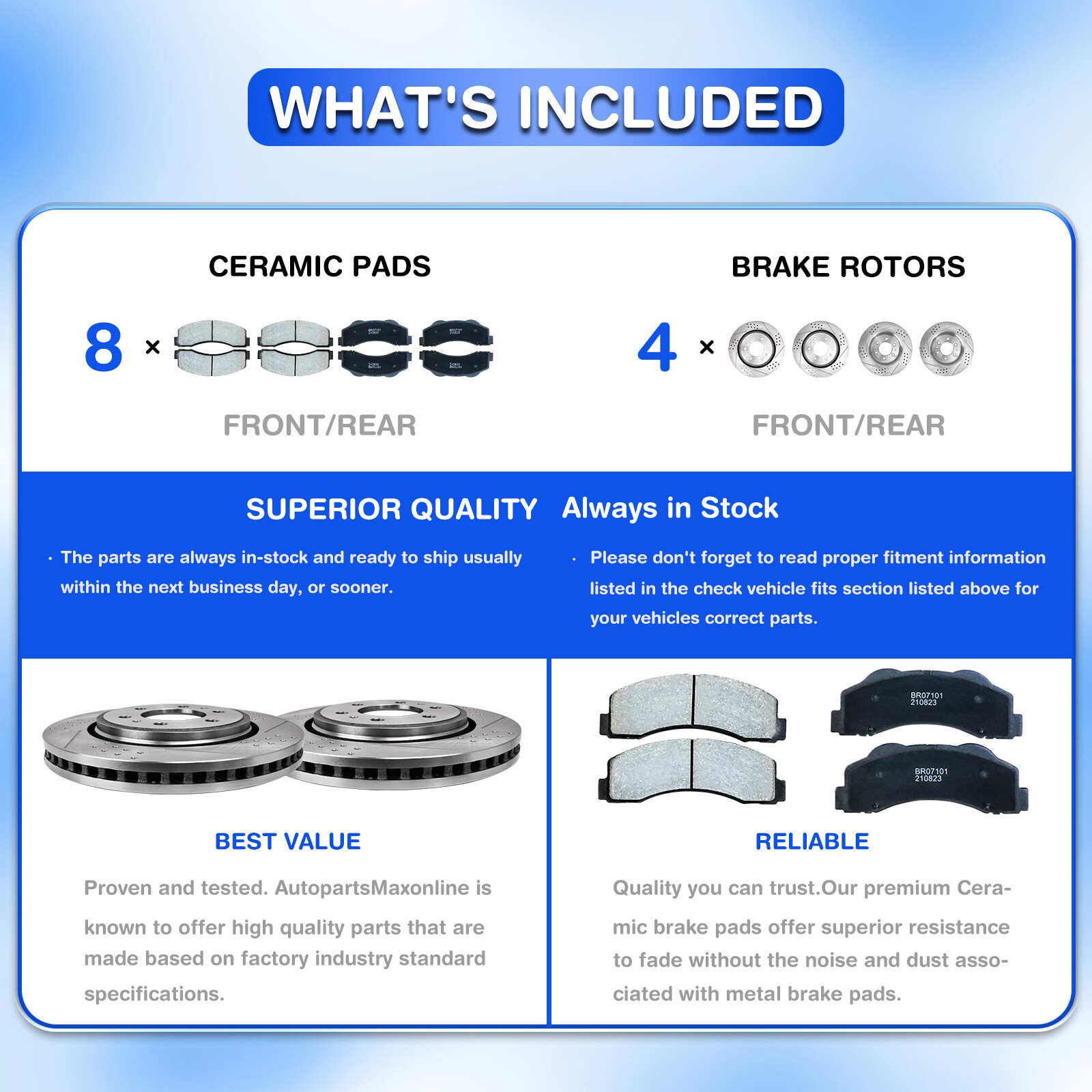 4pc Front & Rear Disc Brake Rotors + 8pc Ceramic Brake Pads for Honda CR-V