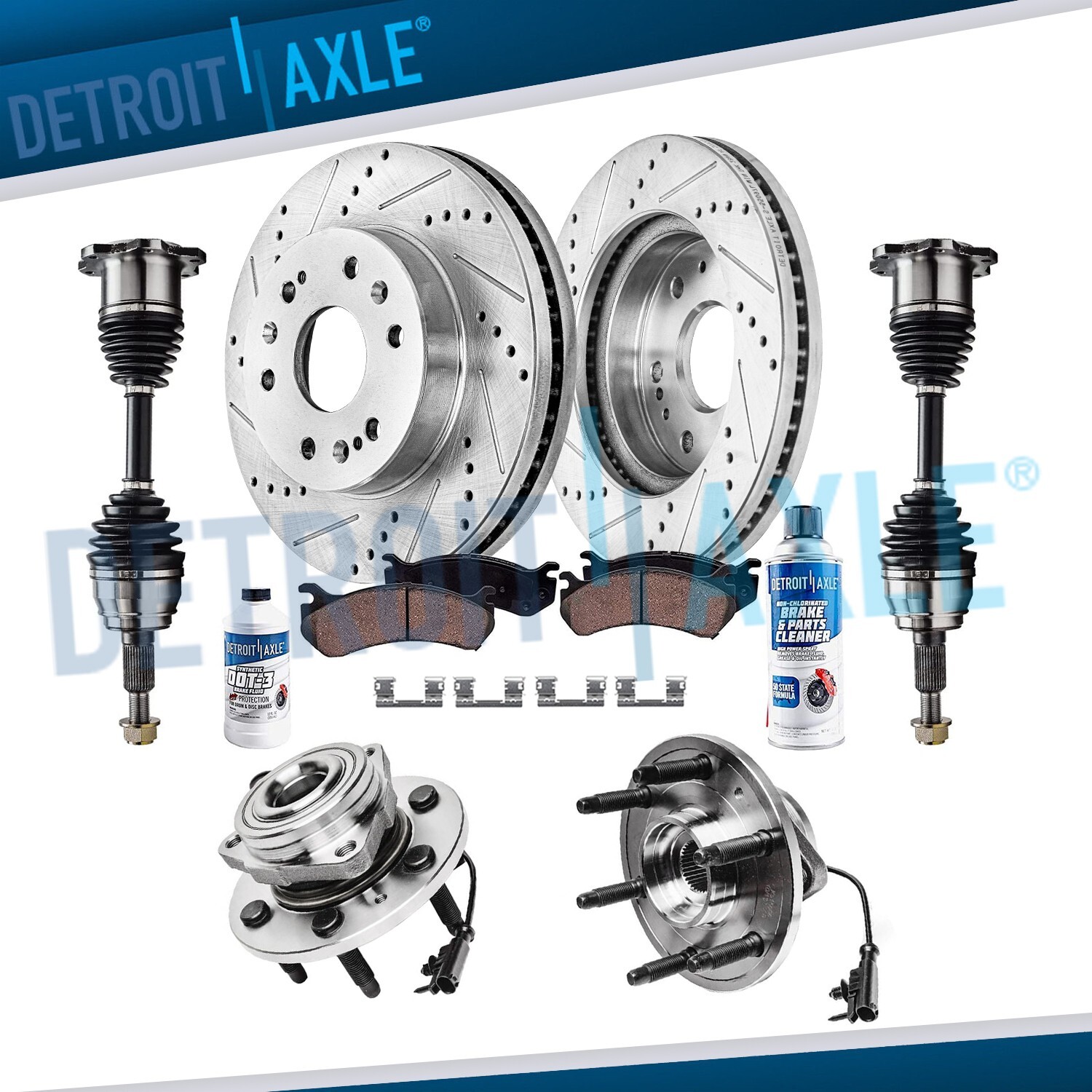 Front Drilled Rotor Brake Pad + Wheel Hub + Axle for Chevy GMC Silverado Sierra
