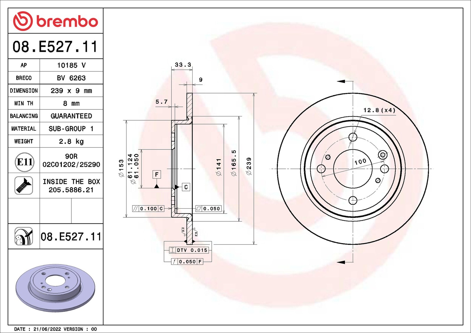 2x Brake Discs Pair Solid Rear 239mm 08.E527.11 Brembo Set 42510TZEJ00 Quality