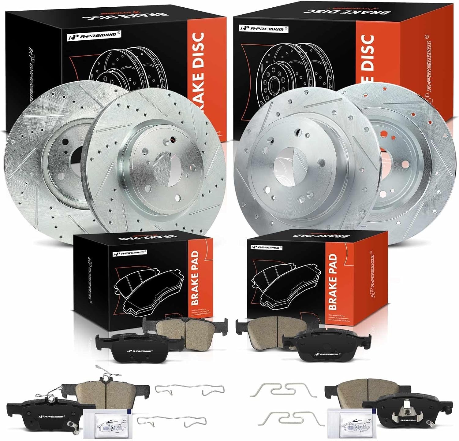A-Premium 12pcs Drilled Rotor & Brake Pad Front & Rear Left & Right for Honda