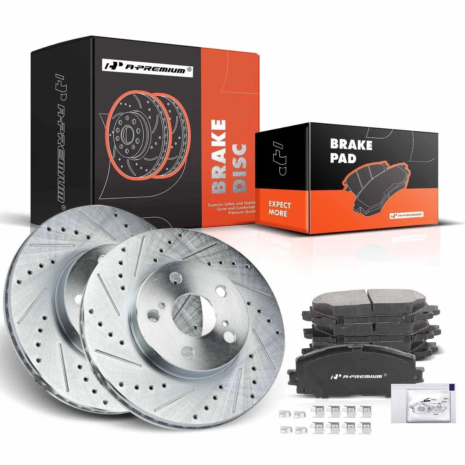 10.04 inch (255mm) Front Drilled and Slotted Disc Brake Rotors + Ceramic Pads