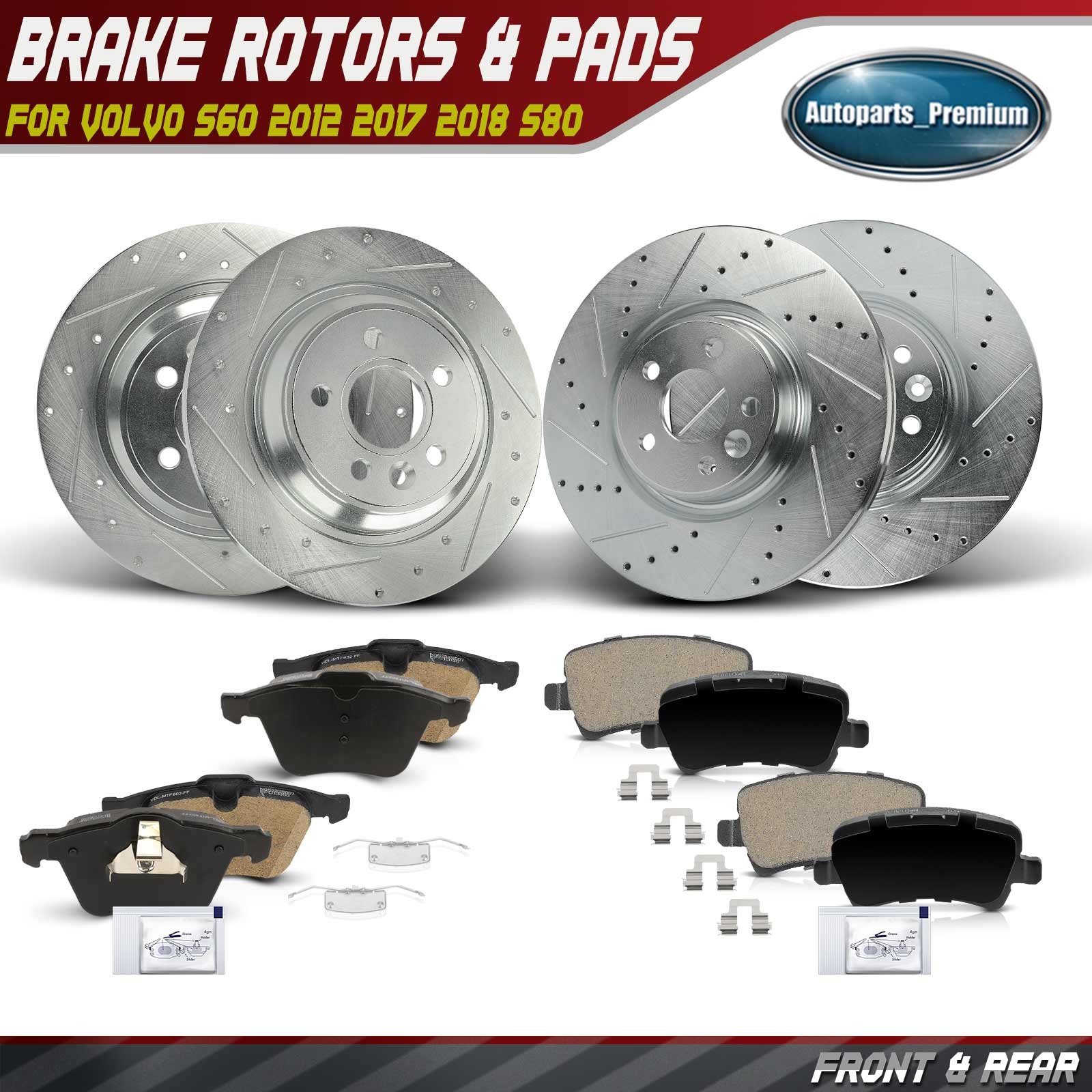 Front & Rear Drilled Brake Rotors & Brake Pads for Volvo S60 2012 2017 2018 S80