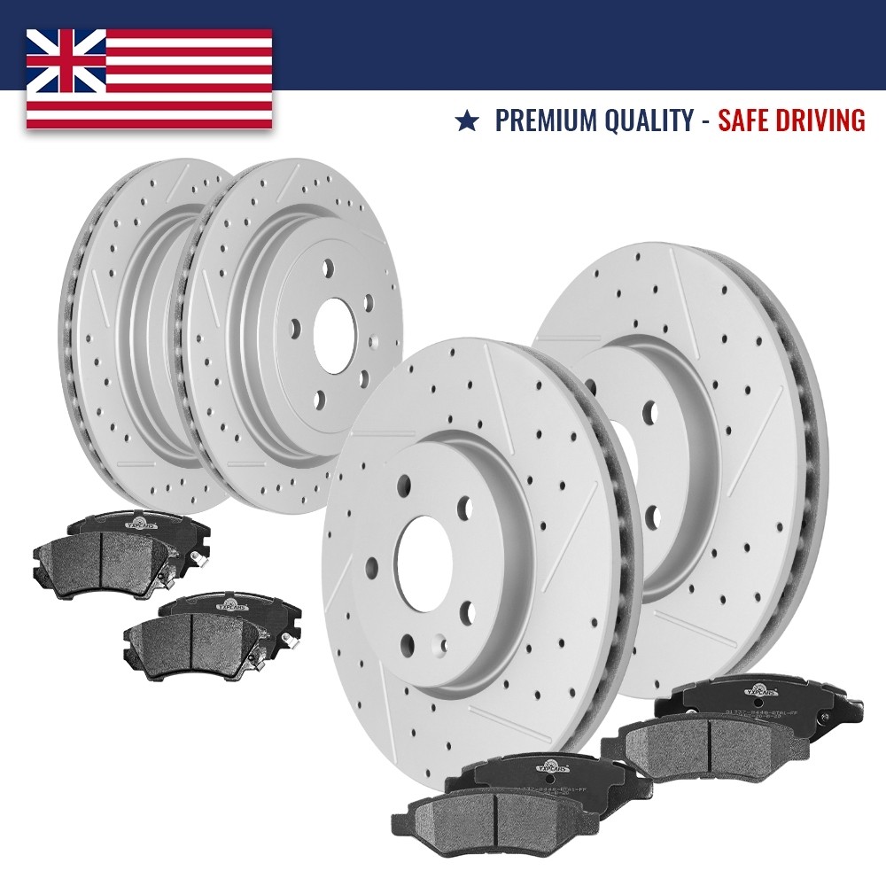 Front Rear Drilled Rotors Brake Pads for 2010-2015 Chevrolet Camaro V6 LS LT
