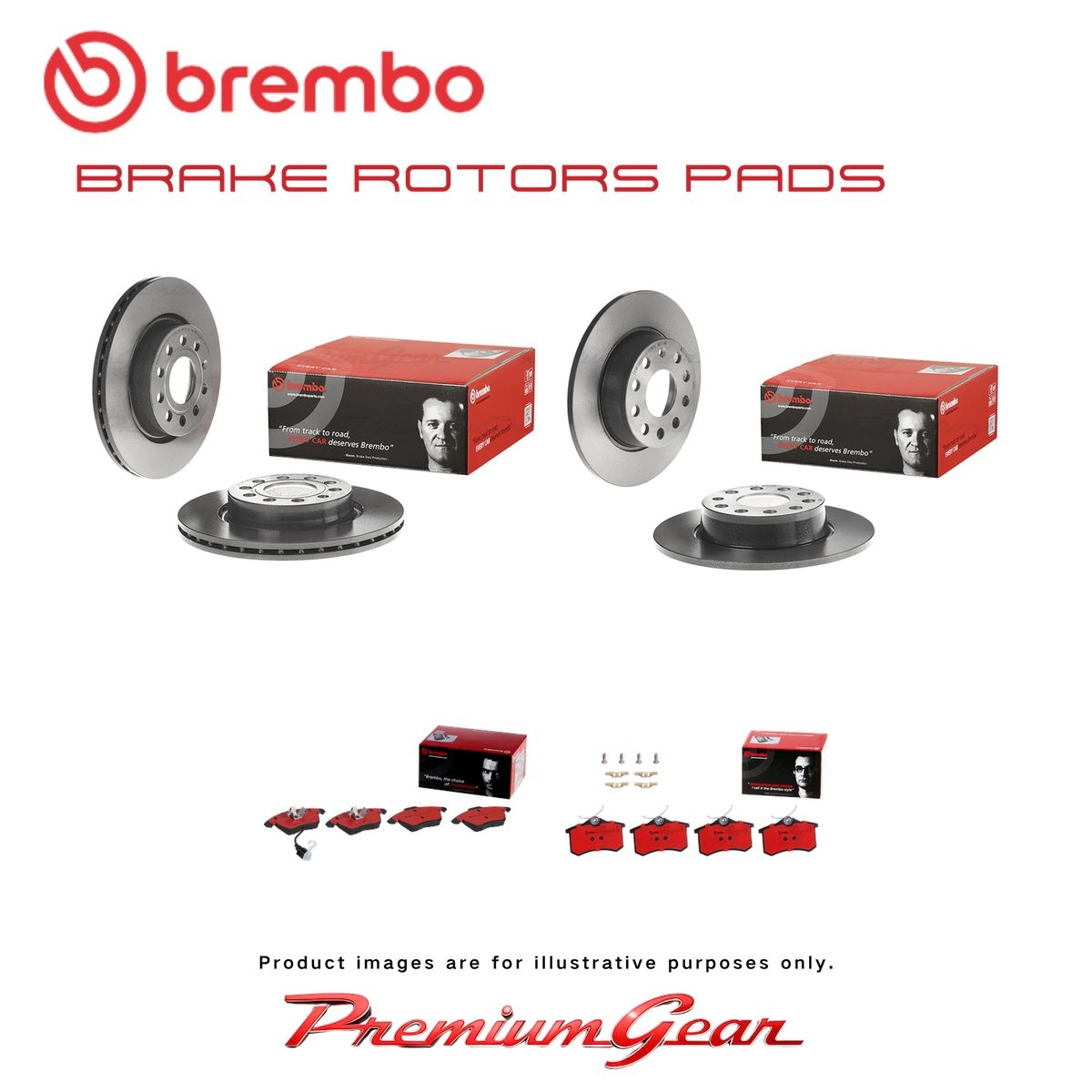 Front+Rear Brembo UV Coated Disc Rotors+NAO Brake Pads for VW Caddy SAA 11-21