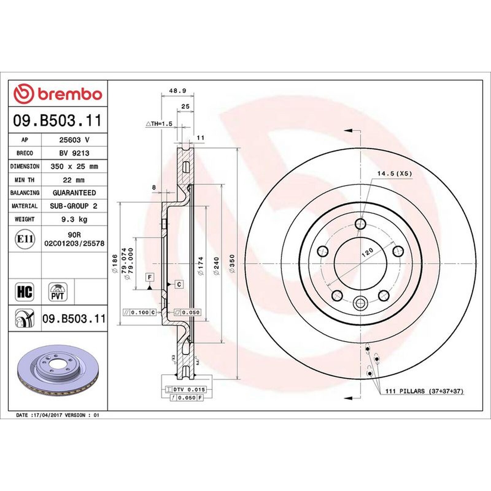 Brembo Prime Line UV Coated Vented Brake Disc 09.B503.11 Fits Land Rover