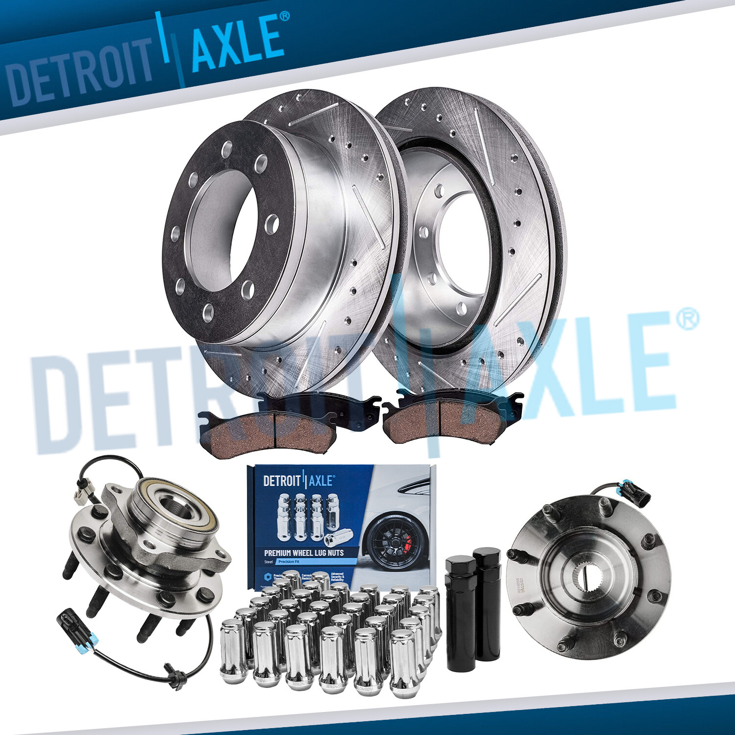 4WD Front Drilled Rotor Brake Pad Wheel Hub+32pc Lugnut+key for Sierra 2500 3500