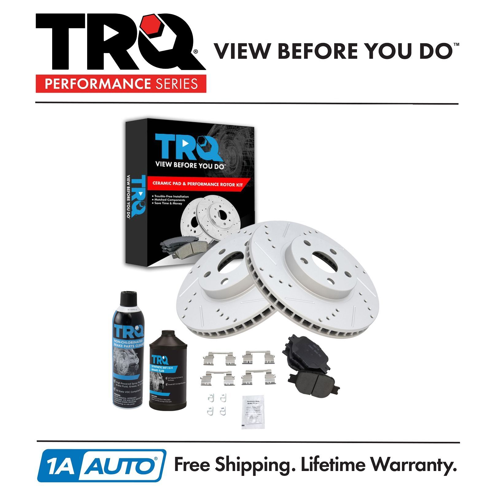 TRQ Front Performance & Brake Rotor & Pad Ceramic Kit w/Chemicals
