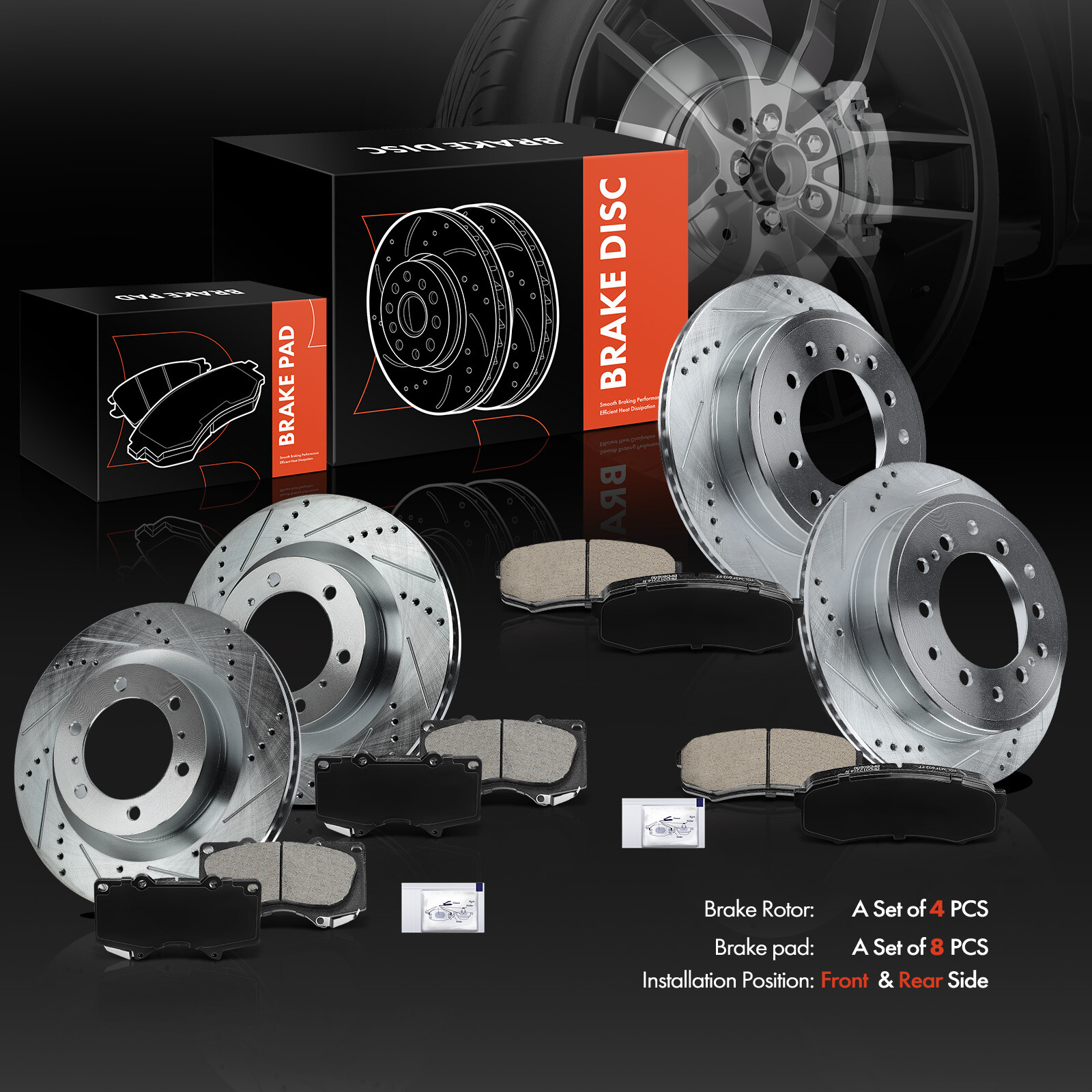 Front & Rear Drilled Brake Rotors & Brake Pads for Toyota 4Runner 10-20 Lexus