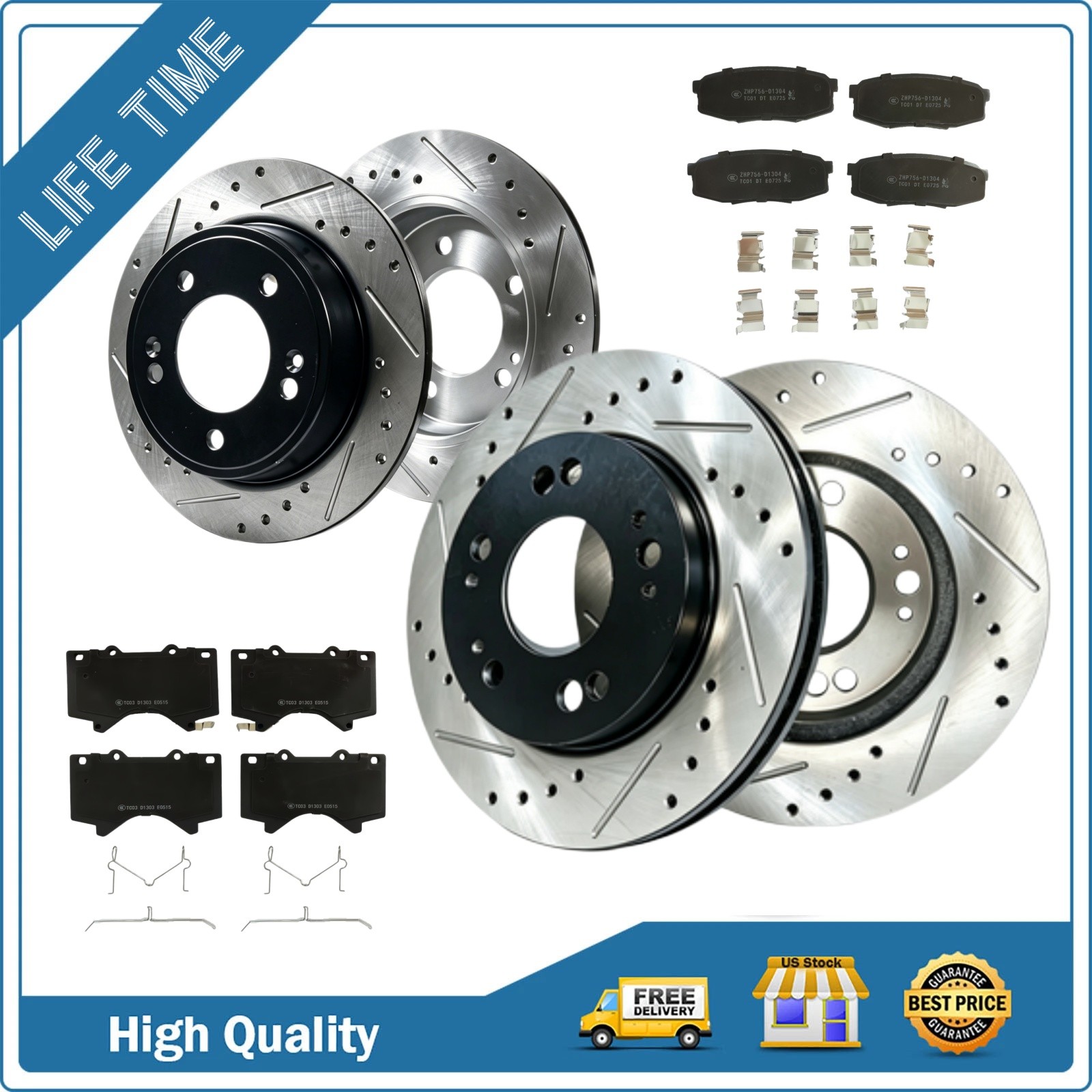 Front and Rear Drilled Disc Rotors Pads for Toyota Land Cruiser 2016 2017 2018