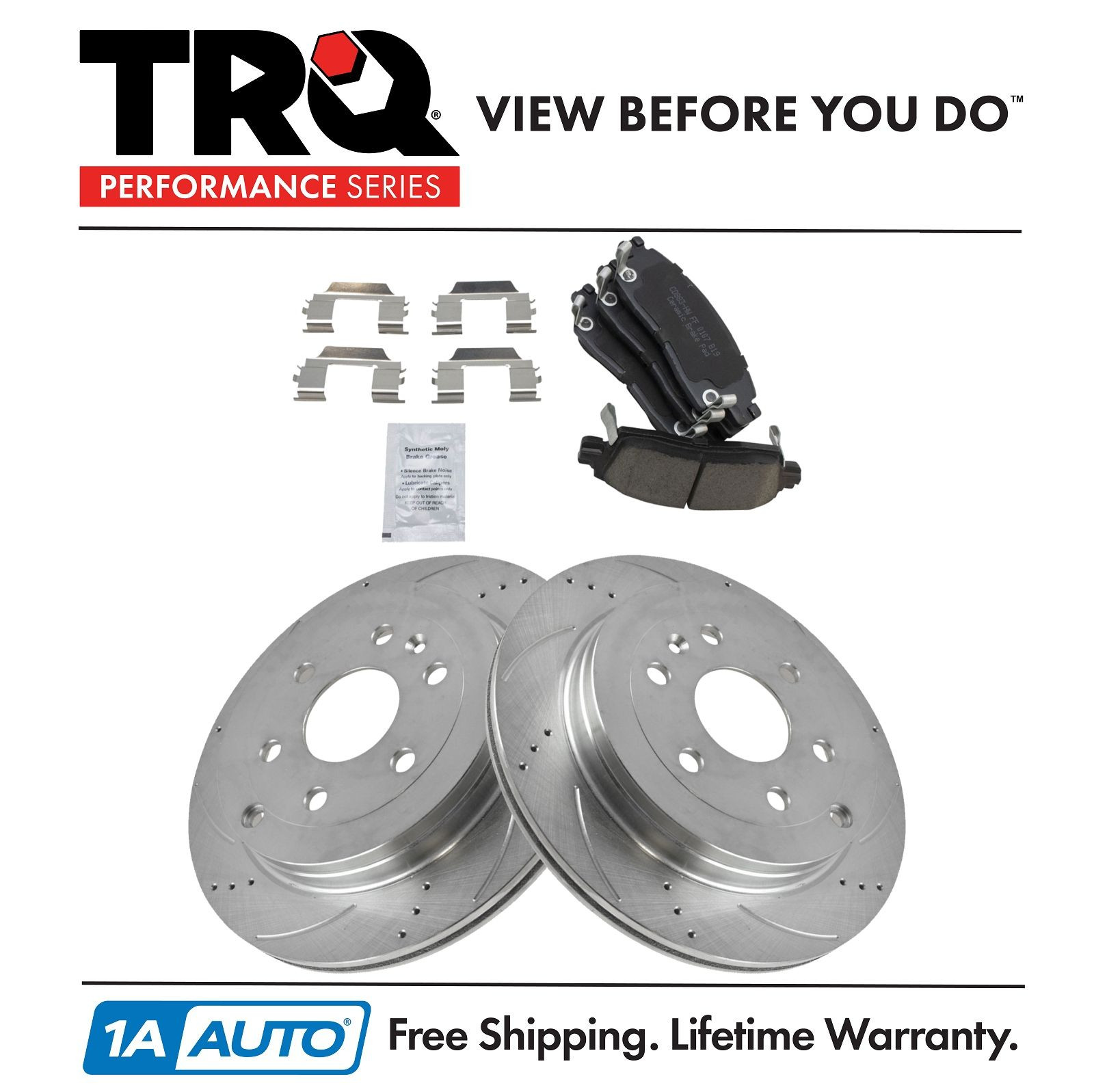 TRQ Rear Posi Ceramic Brake Pads Performance Drilled Slotted Disc Rotors Kit Set