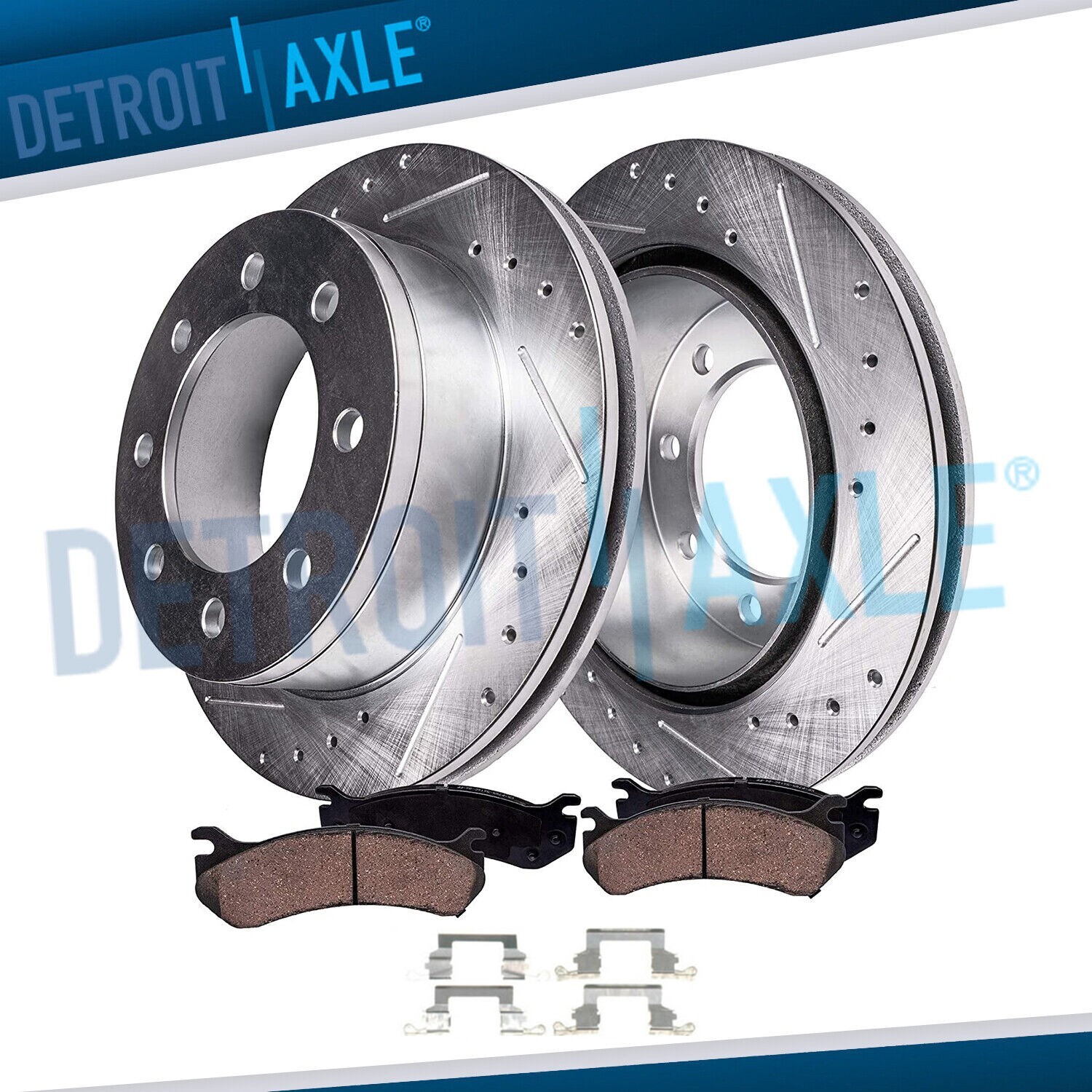 Rear Drilled Slotted Rotor + Brake Pad for 1999-04 Ford F-250 F-350 SD Excursion