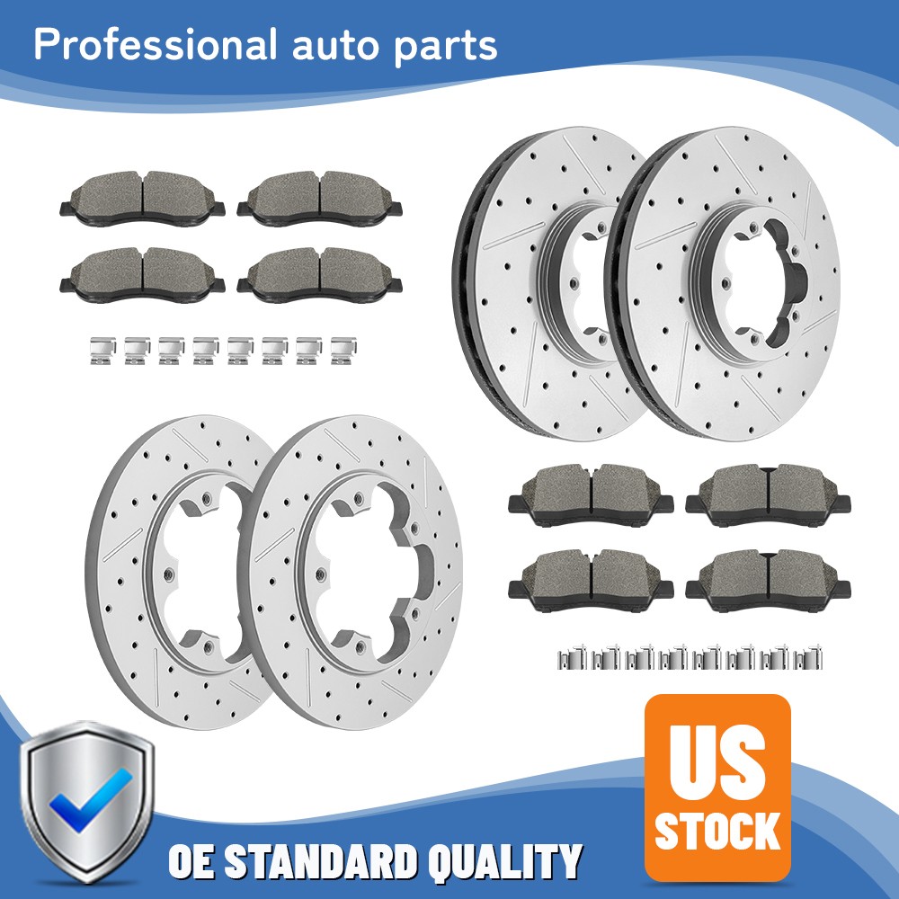 Front Rear Drilled Disc Rotors + Brake Pads Set For Ford Transit-250 Transit-150
