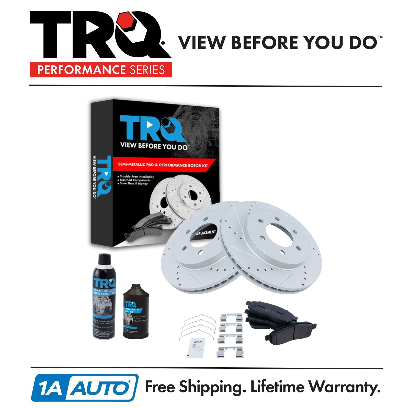 TRQ Front Performance & Brake Rotor & Metallic Pad Kit w/Chemicals