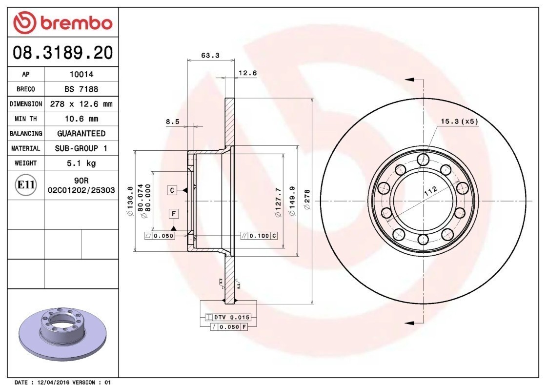 Brembo 08.3189.20 Prime OE Equivalent Solid Brake Rotors – Front Pair