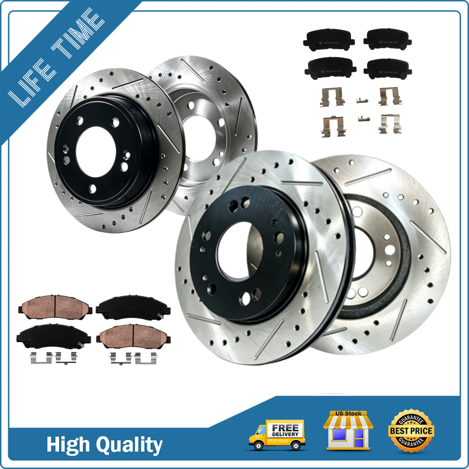 Front and Rear Rotors Drilled Brake Pads Kit Fit Acura ZDX 2010 2011 2012 2013