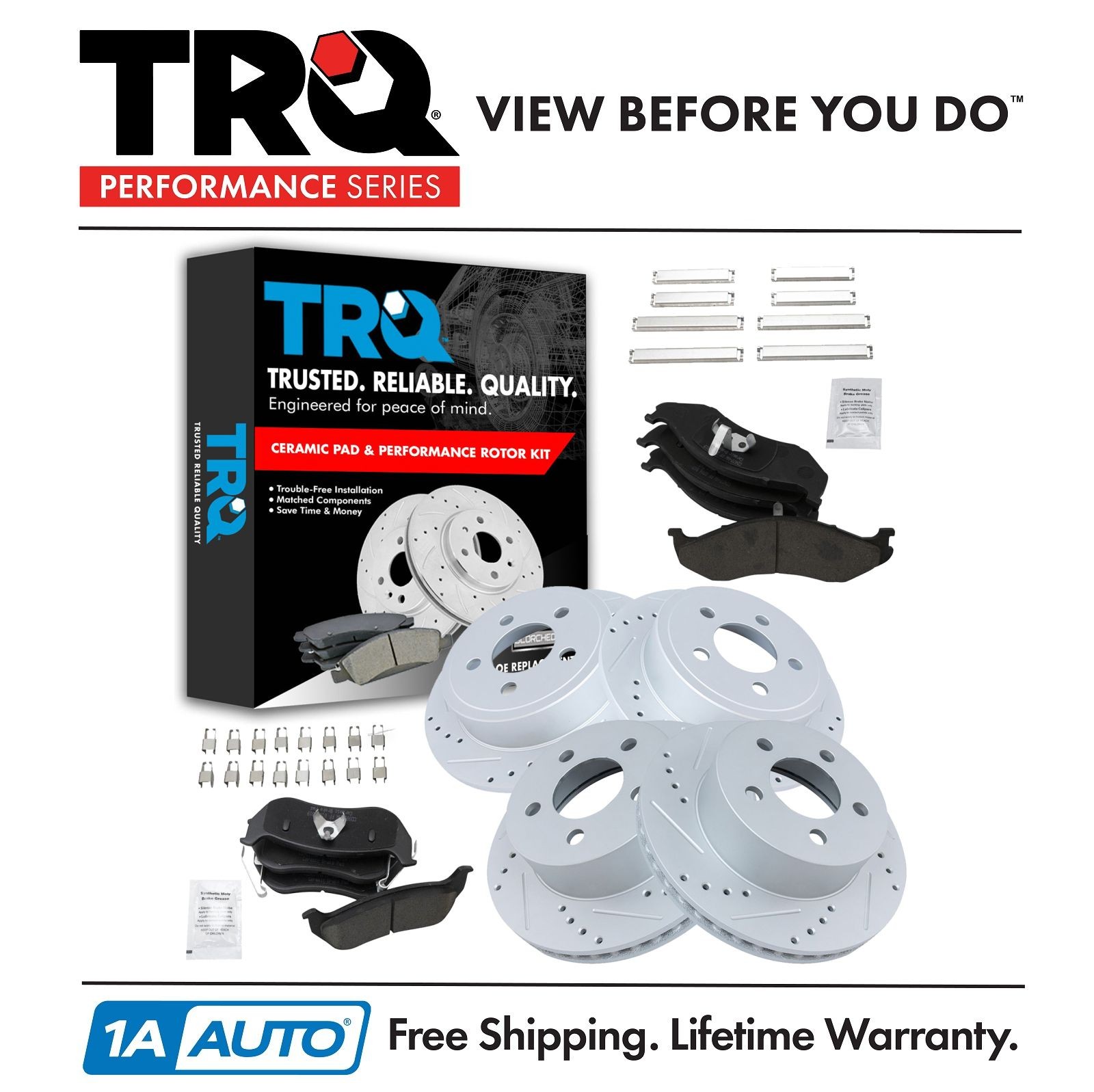 TRQ Performance Drilled Slotted Brake Rotor & Ceramic Pad Front & Rear Kit