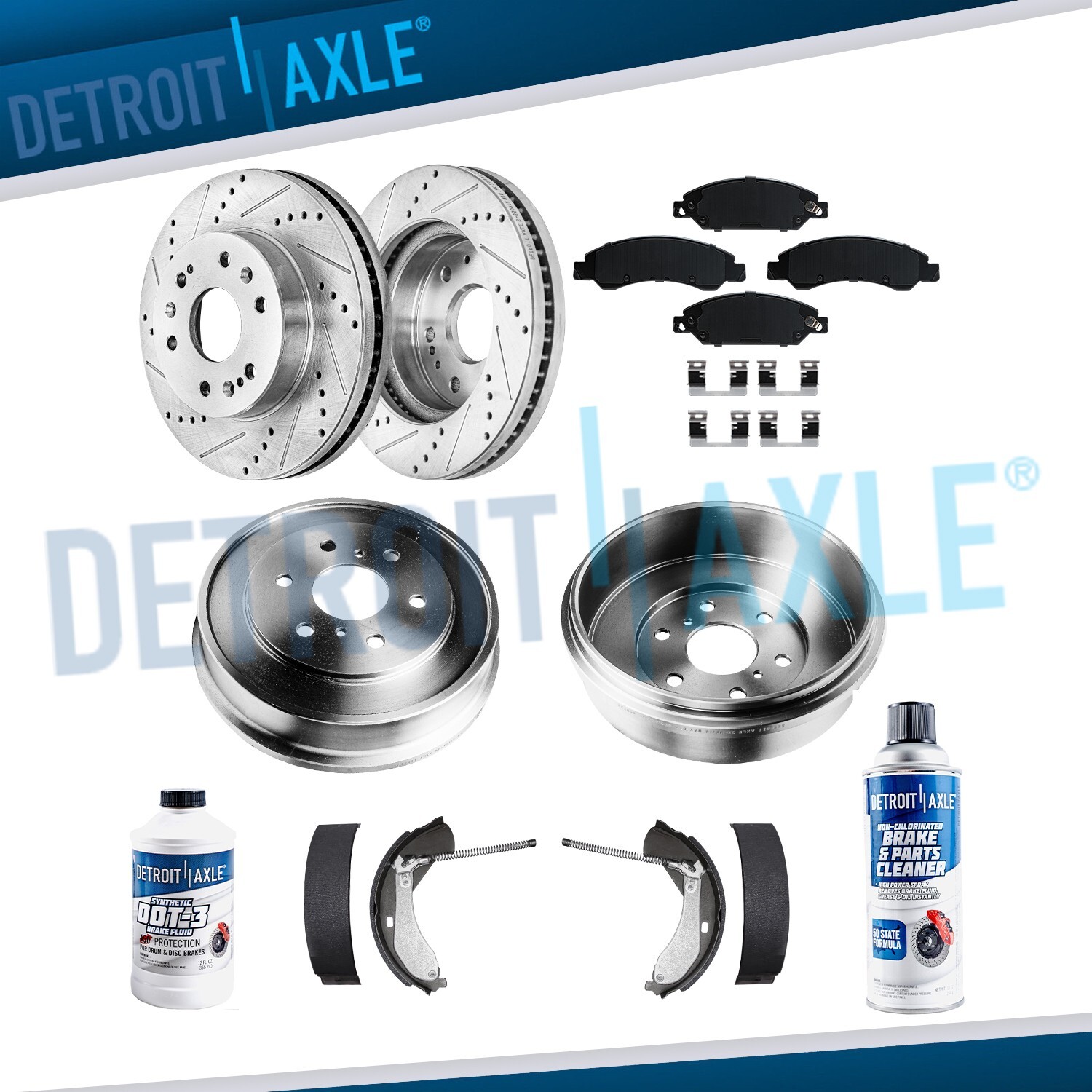 Front Drilled Rotors Pads Rear Drums Shoes for 2005 – 2008 Silverado Sierra 1500