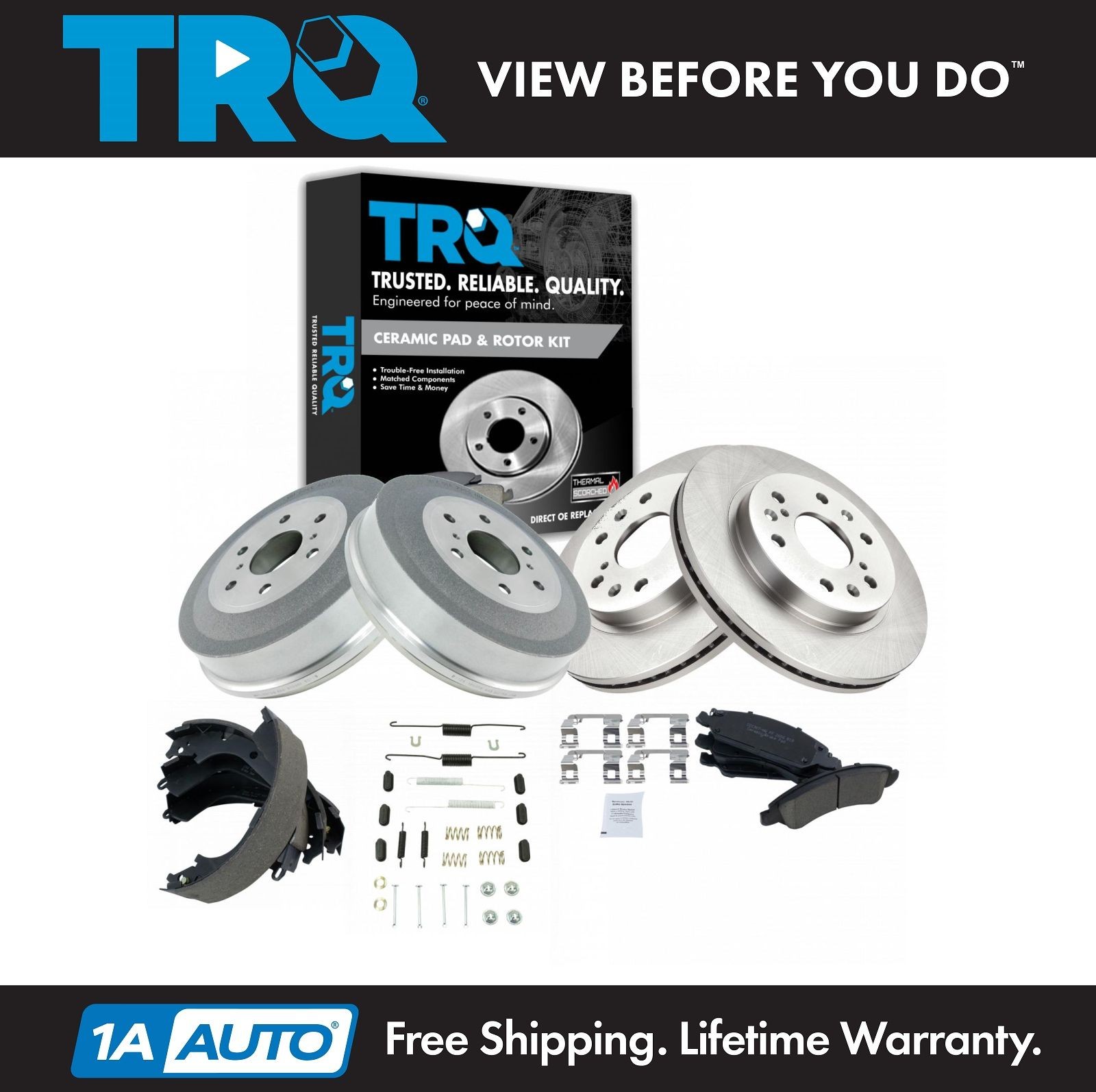 TRQ Front Ceramic Pad Rotor Rear Drum Shoe & Hardware Kit for GM Pickup Truck