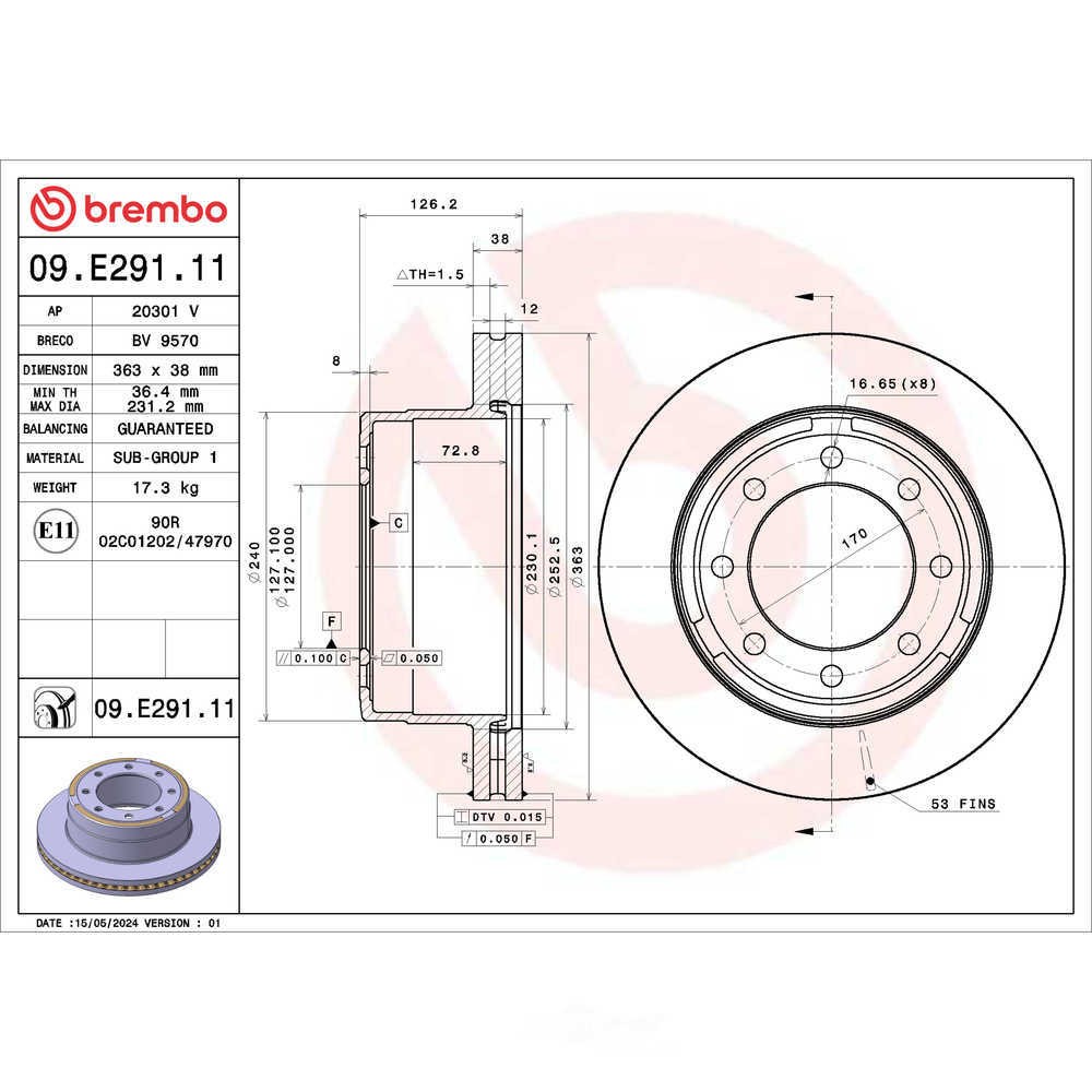 Disc Brake Rotor-Premium UV Coated OE Equivalent Rotor Brembo 09.E291.11