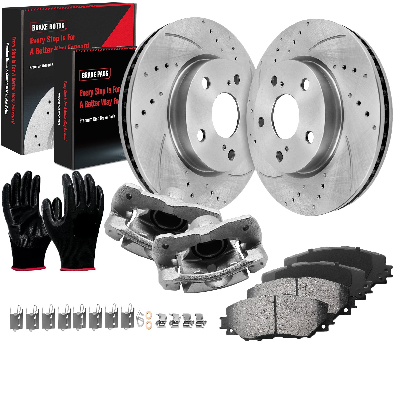 Front Disc Brake Rotors Calipers + Brake Pads for 2012-2017 Toyota RAV4 Prius V