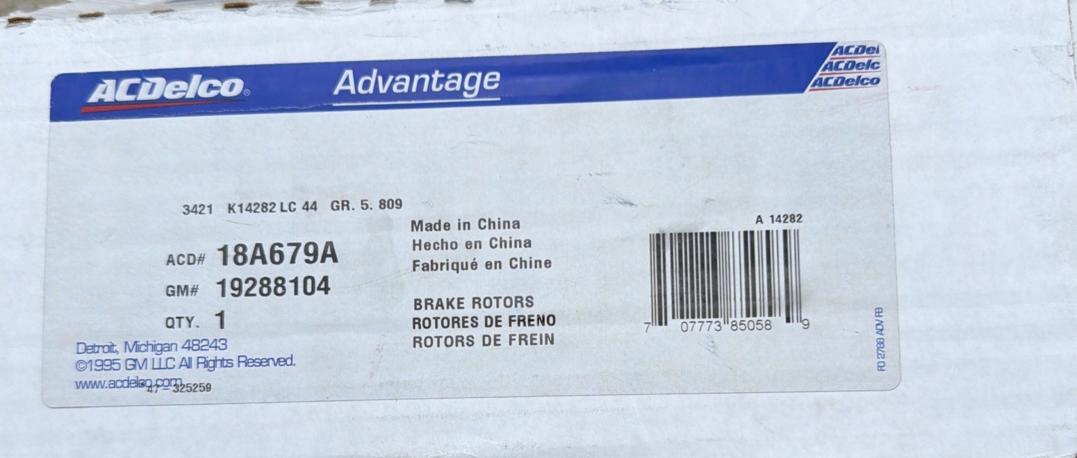 ACDelco Advantage Brake Rotor ACD# 18A679A GM# 19288104 FO-3501-ADV—FT—————