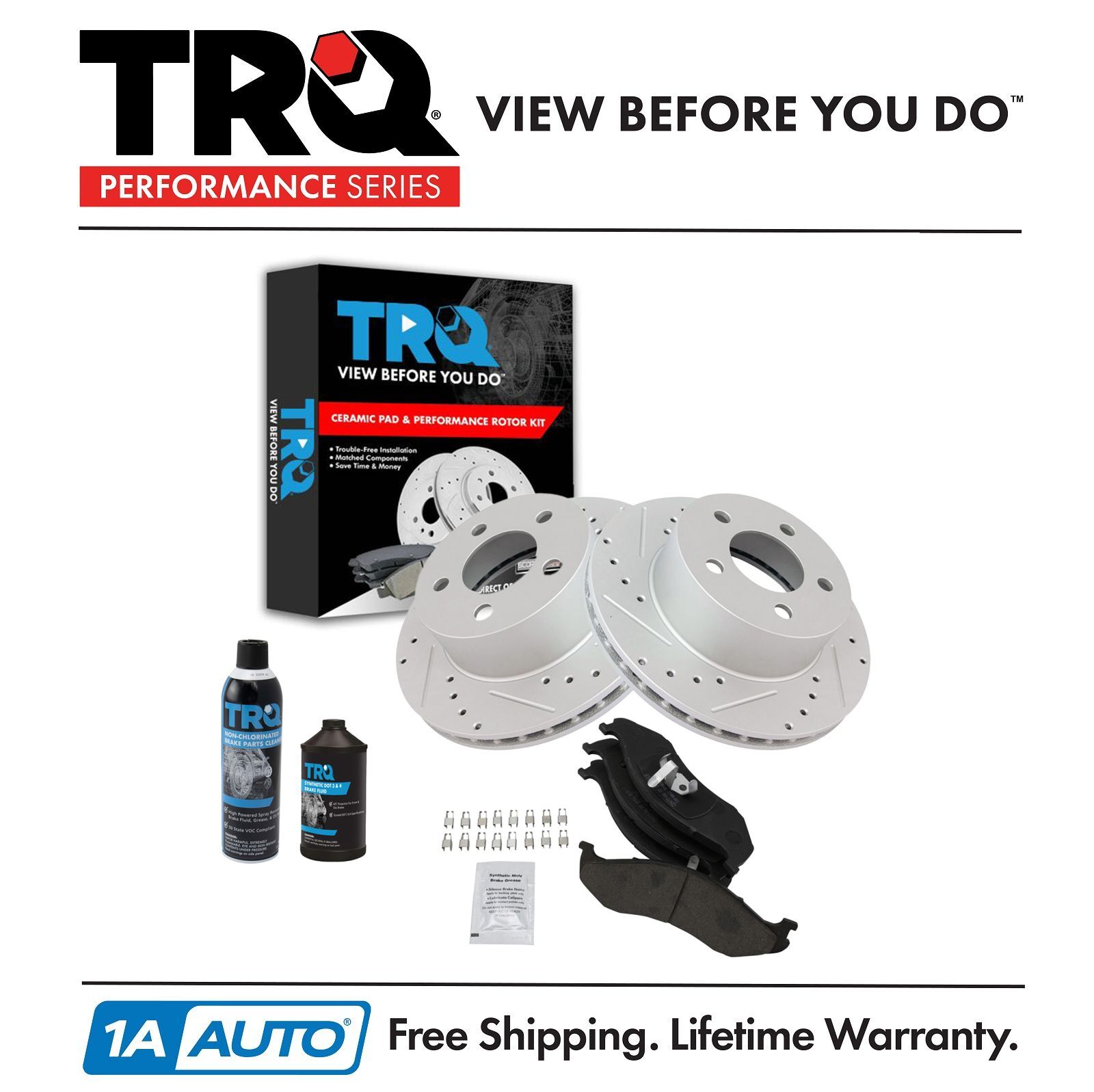 TRQ Ceramic Brake Pad & CrossDrilled Rotor w/Chemicals