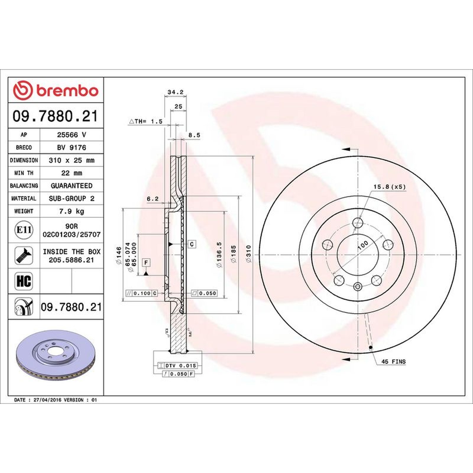 Brembo Prime Line UV Coated Vented Brake Disc Pair – 09.7880.21 – High Quality
