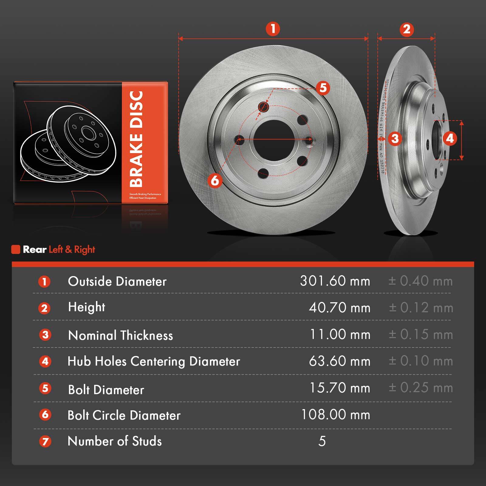 2x Rear Driver & Passenger Side Disc Brake Rotors for Volvo S60 11-18 S80 XC70