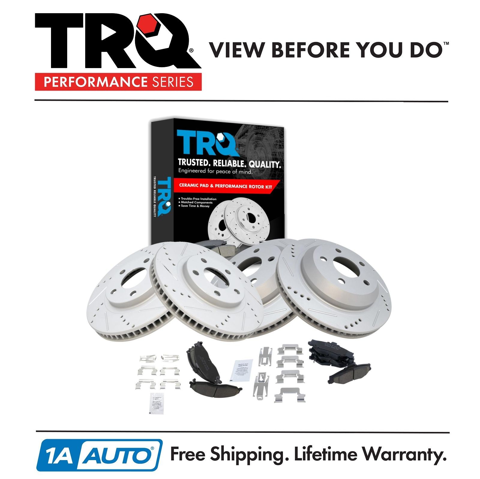 TRQ Rotor & Brake Pad Ceramic Performance Drilled Slotted Front Rear Kit