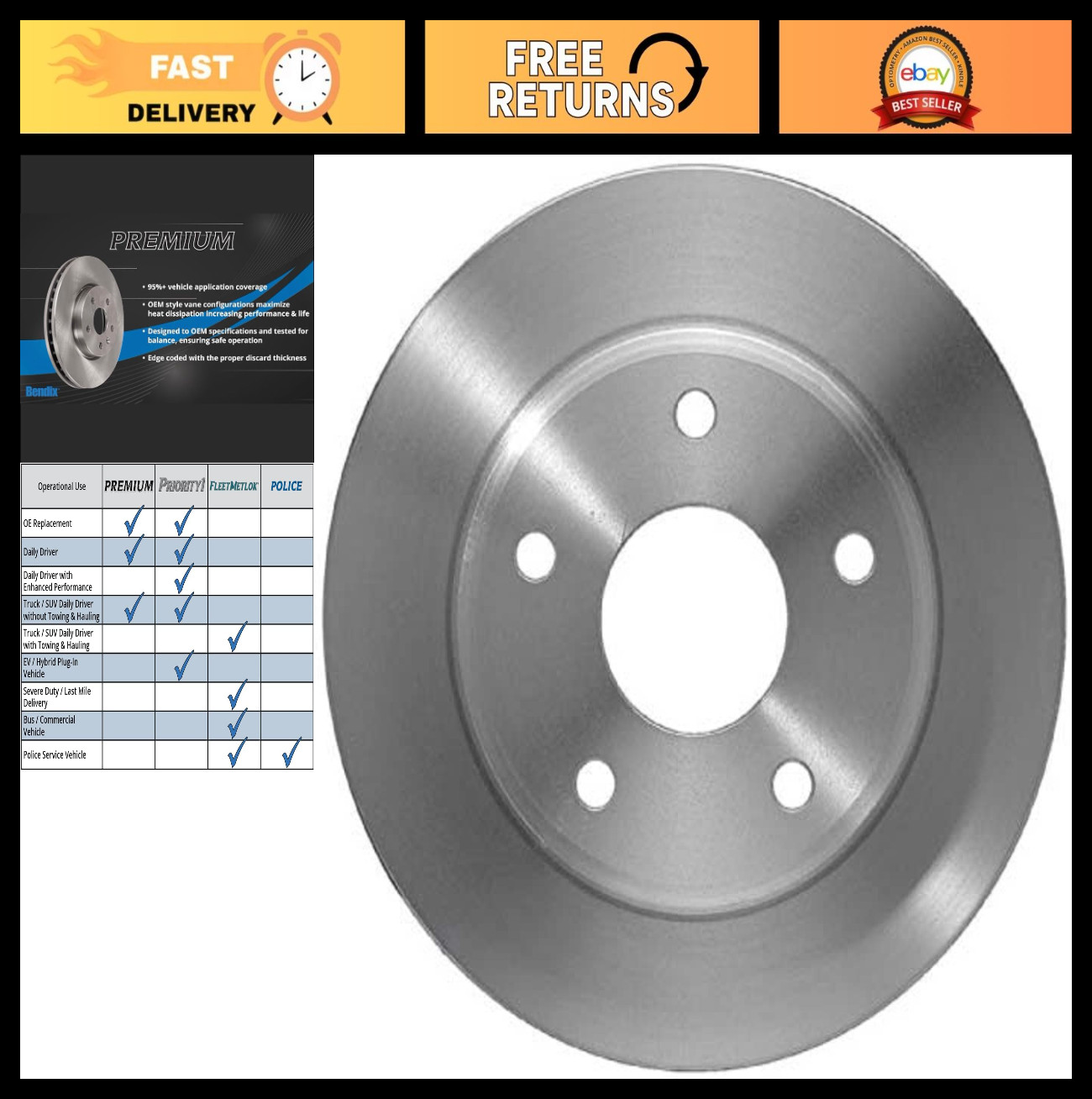 Premium Front Brake Rotor for Dodge Dakota 2004-2010, Mitsubishi Raider 2006-200