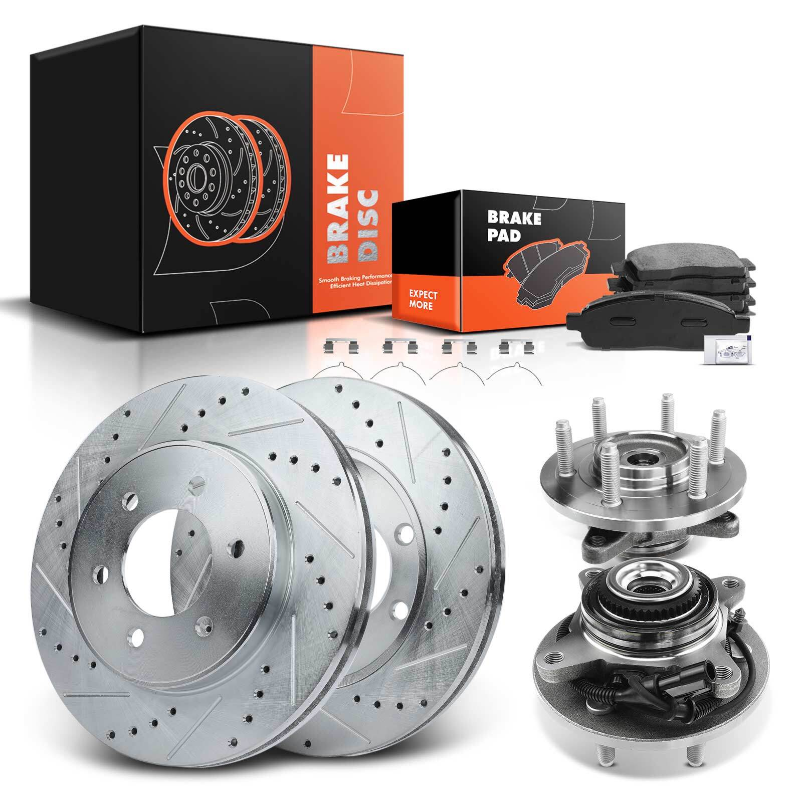 Drilled Brake Rotor & Brake Pad + Hub Bearing for Ford F-150 05-08 Lincoln Front