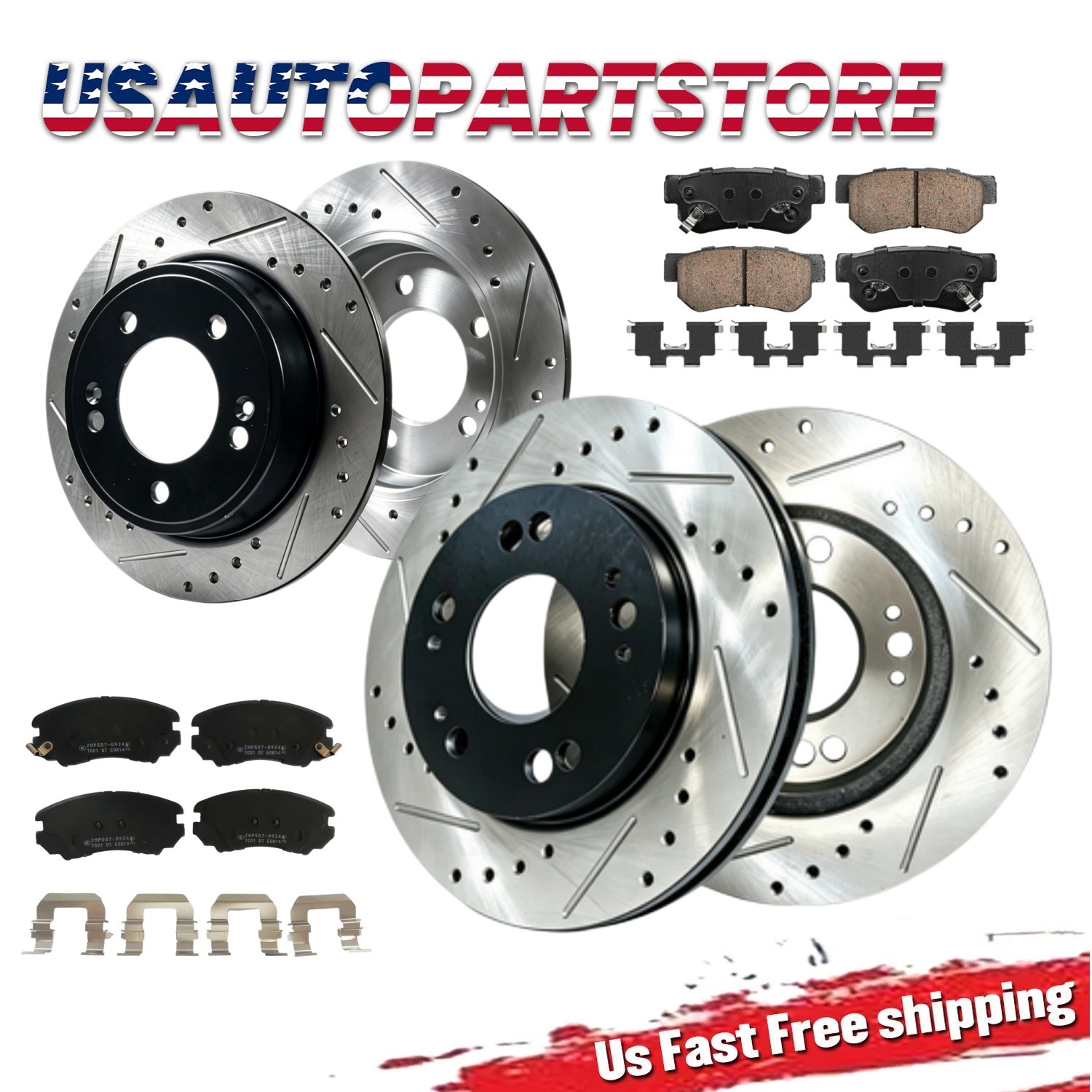 8pcFront&Rear Drilled+Slotted Rotors+Ceramic Brake Pad Kits for Hyundai Elantra